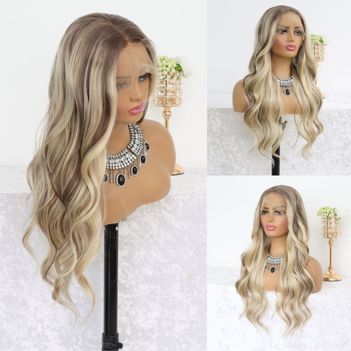 Ash Blonde Ombre Highlight Wavy Synthetic Lace Front Wig, Heat Resistant Fiber, 13x4 Free Part, Pre-Plucked Hairline Natural Look 24-Inch