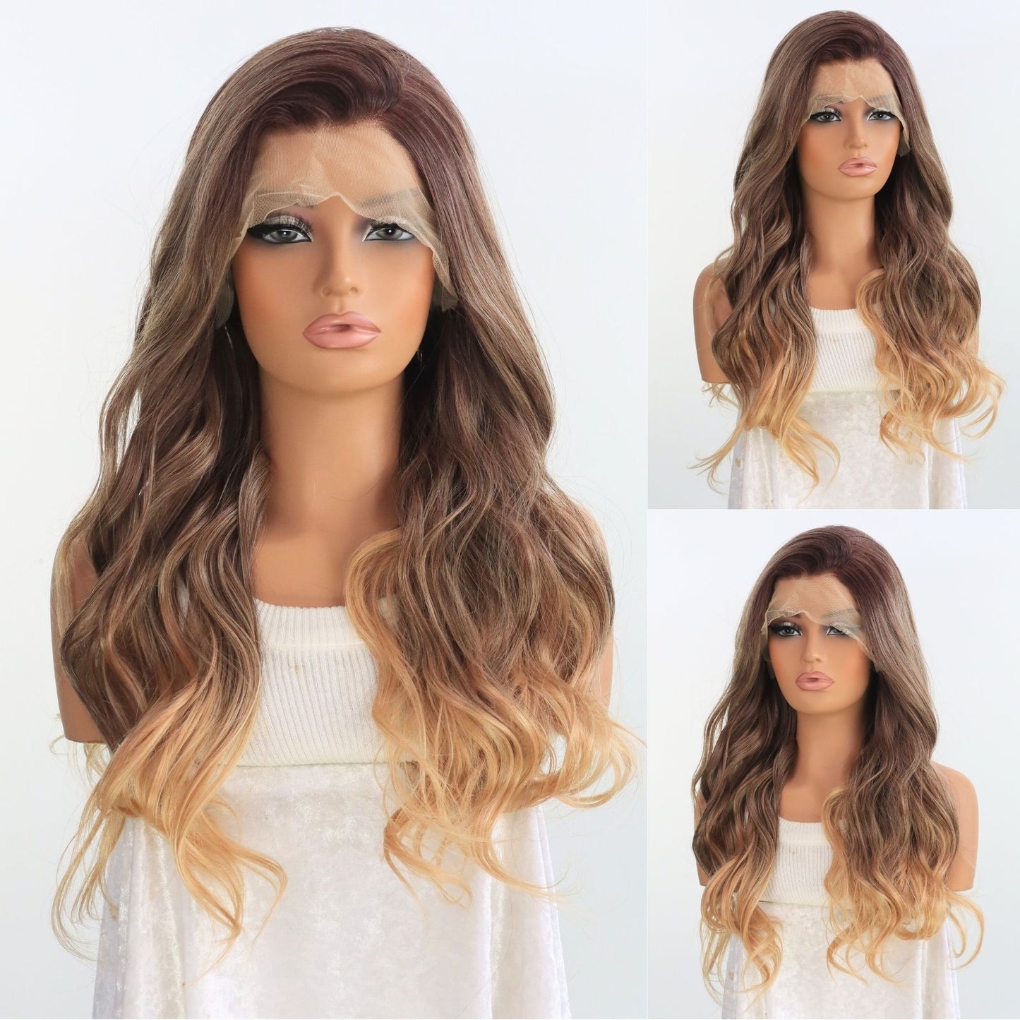 Champagne Gold Ombre Reddish Brown Lace Front Wig with Dark Roots Heat-Resistant Pre-Plucked Hairline 13x4 Free Part HD Transparent 24" for Party Daily Use
