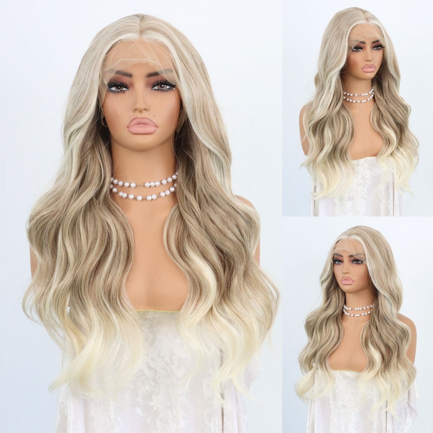 24 Inch Blonde Ombre Highlight Beige Brown Wavy Lace Front Wig 13x4 Free Part Heat Resistant Synthetic Hair, Natural Look