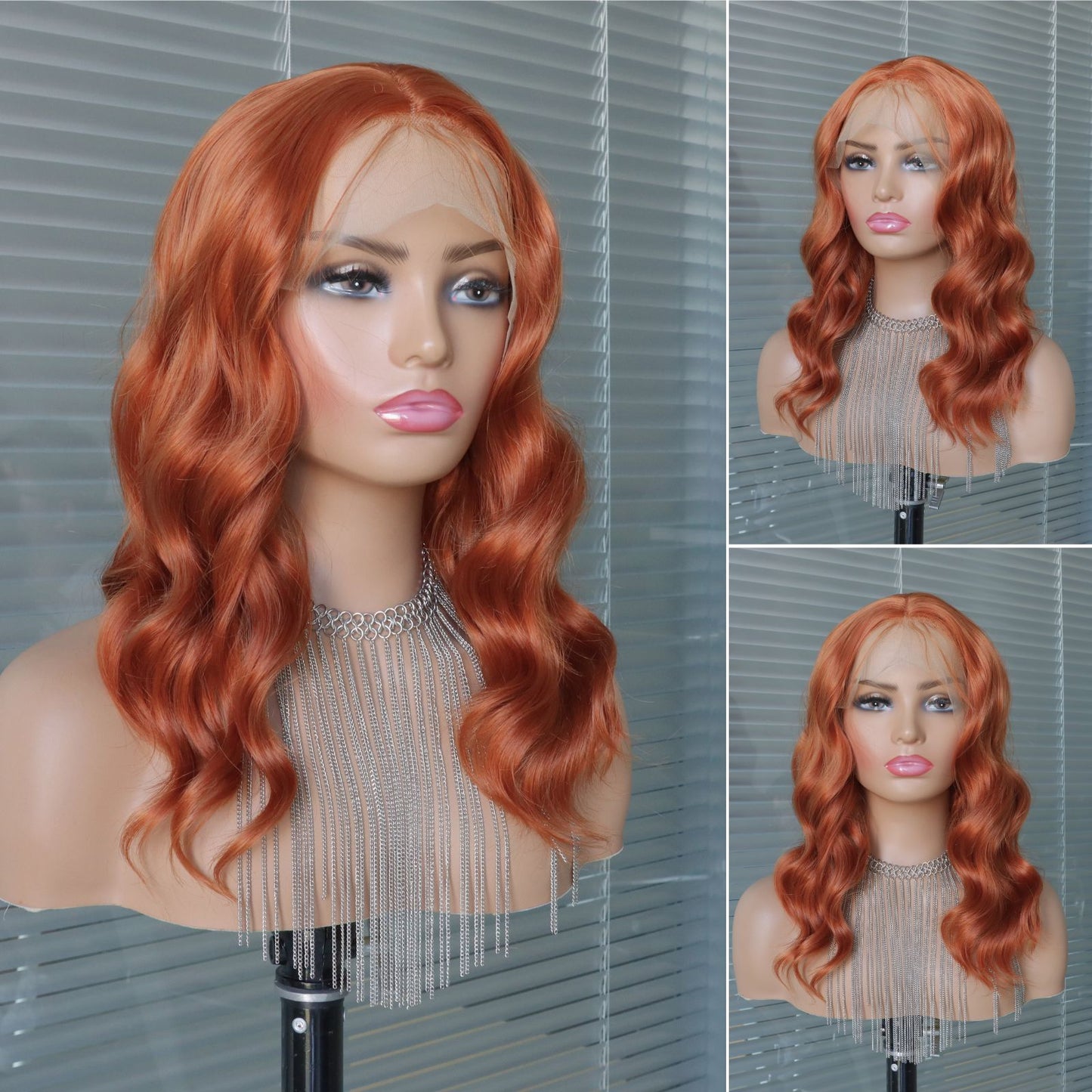 Ginger Orange Short Wave Bob Style Lace Front Synthetic Wig 13x4 for Party Daily Use 14 Inch