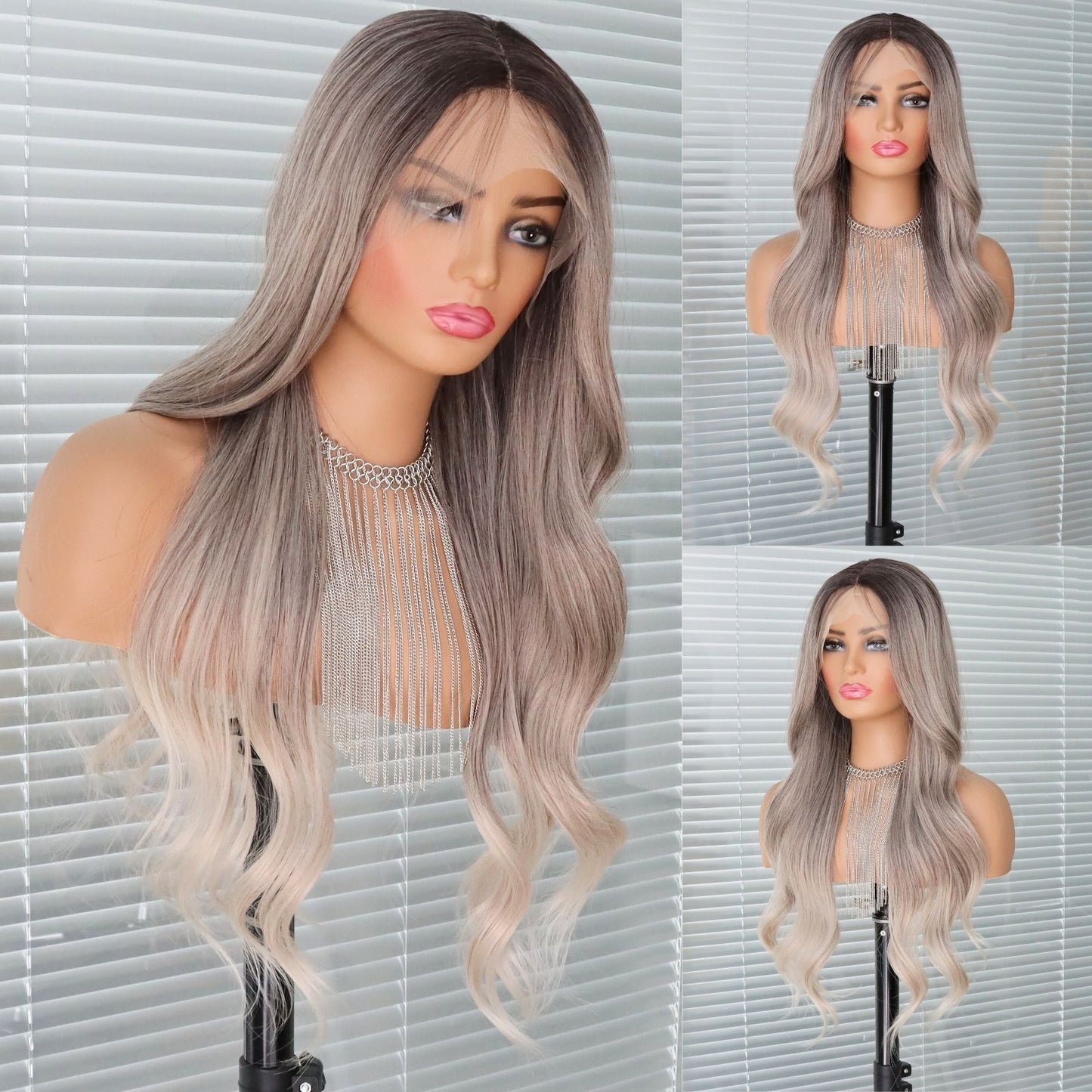 Silver Light Grey Ombre Lace Front Synthetic Wig with Dark Ash Brown Roots 24 Inch 13x4 Long Loose Wave Heat-Resistant HD Lace Free Part for Daily & Party Wear