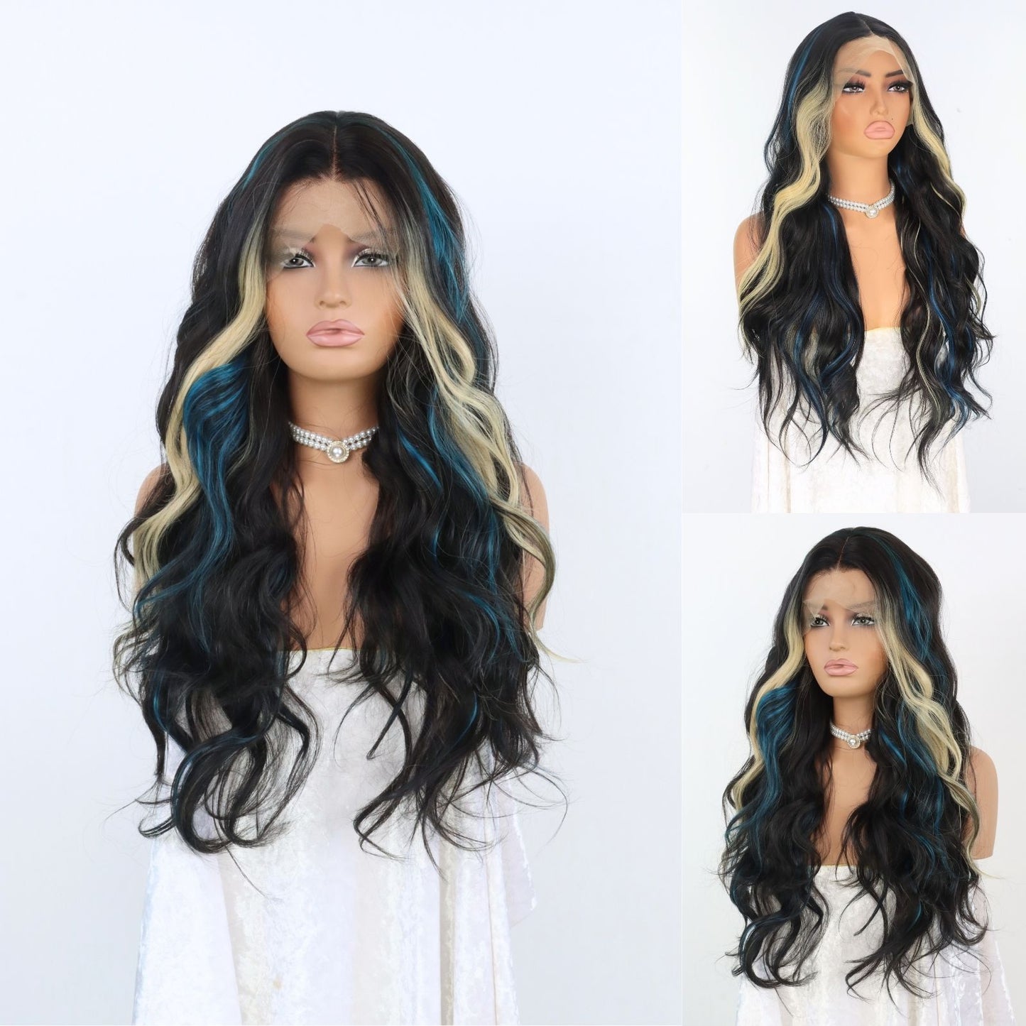 Blue & Blonde Highlights Black Body Wavy Synthetic Lace Front Wig Heat Resistant Pre Plucked 13x4 Party Daily Use 24 Inches