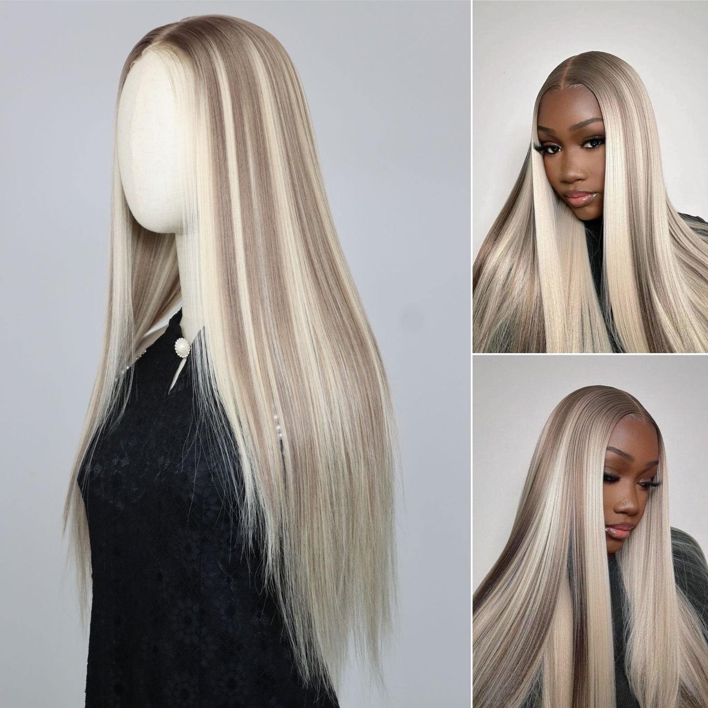 Ombre Blonde Mixed Brown Straight Synthetic Lace Front Wig 13X4 Party Daily Use 26 Inches