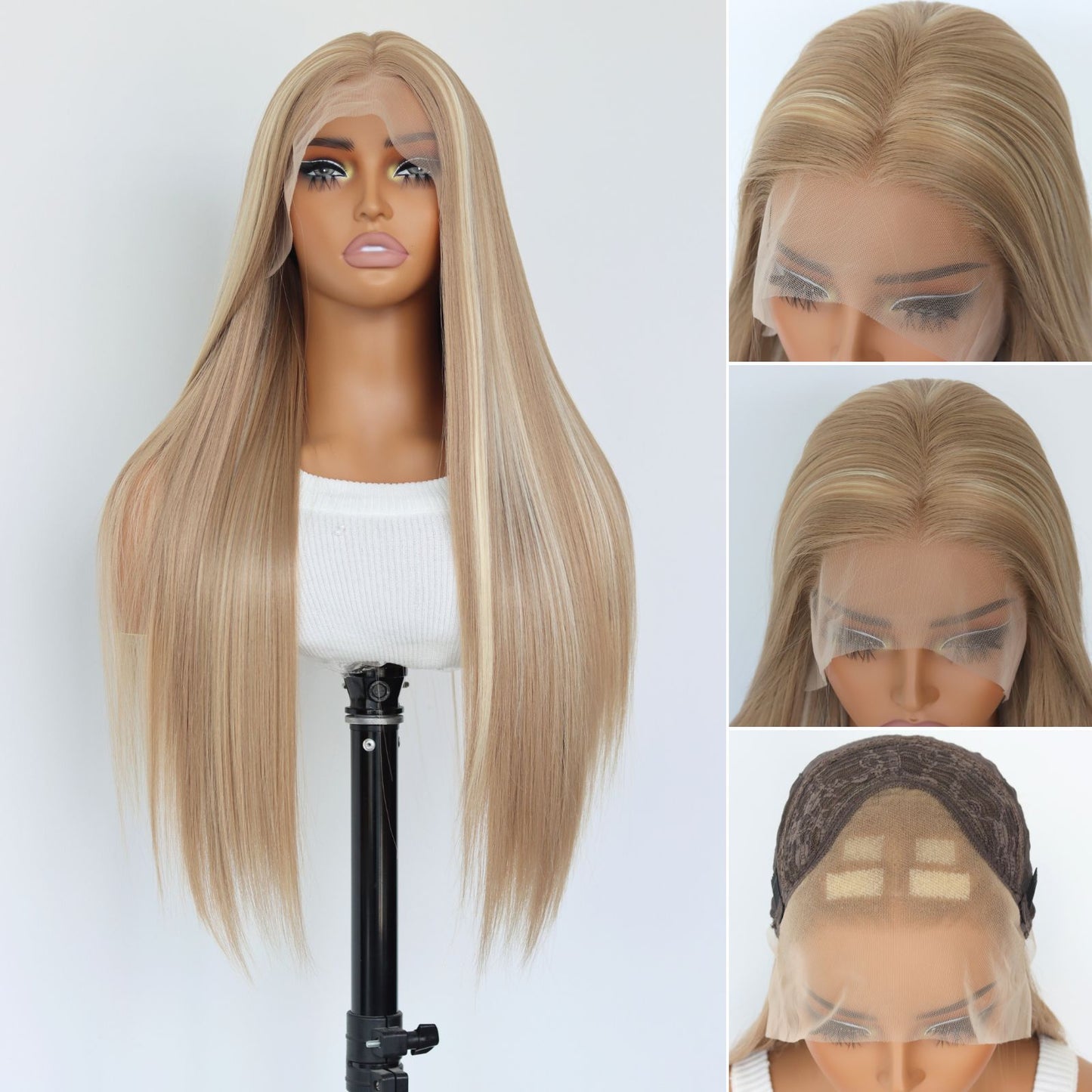 Highlight Blonde Mixed Brown Straight Synthetic Lace Front Wig 13x4 Daily Use 26 Inches