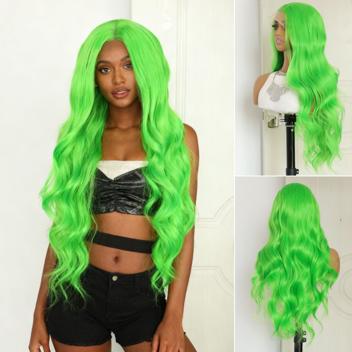 Fluorescent Green Body Wave Synthetic Lace Front Wigs for Holidays Daily Party Use 28 Inch