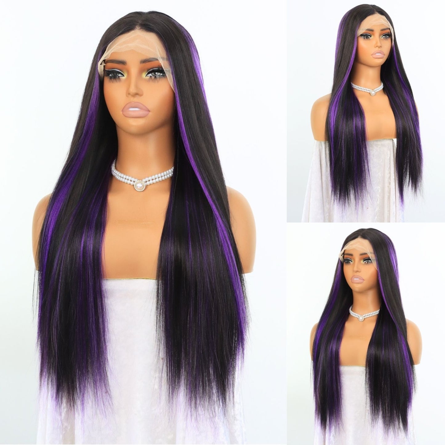 Ombre Purple Highlight Black Straight Lace Front Wig 13x4 Free Part HD Transparent Heat-Resistant Pre-Plucked Hairline 24" for Party Daily Use