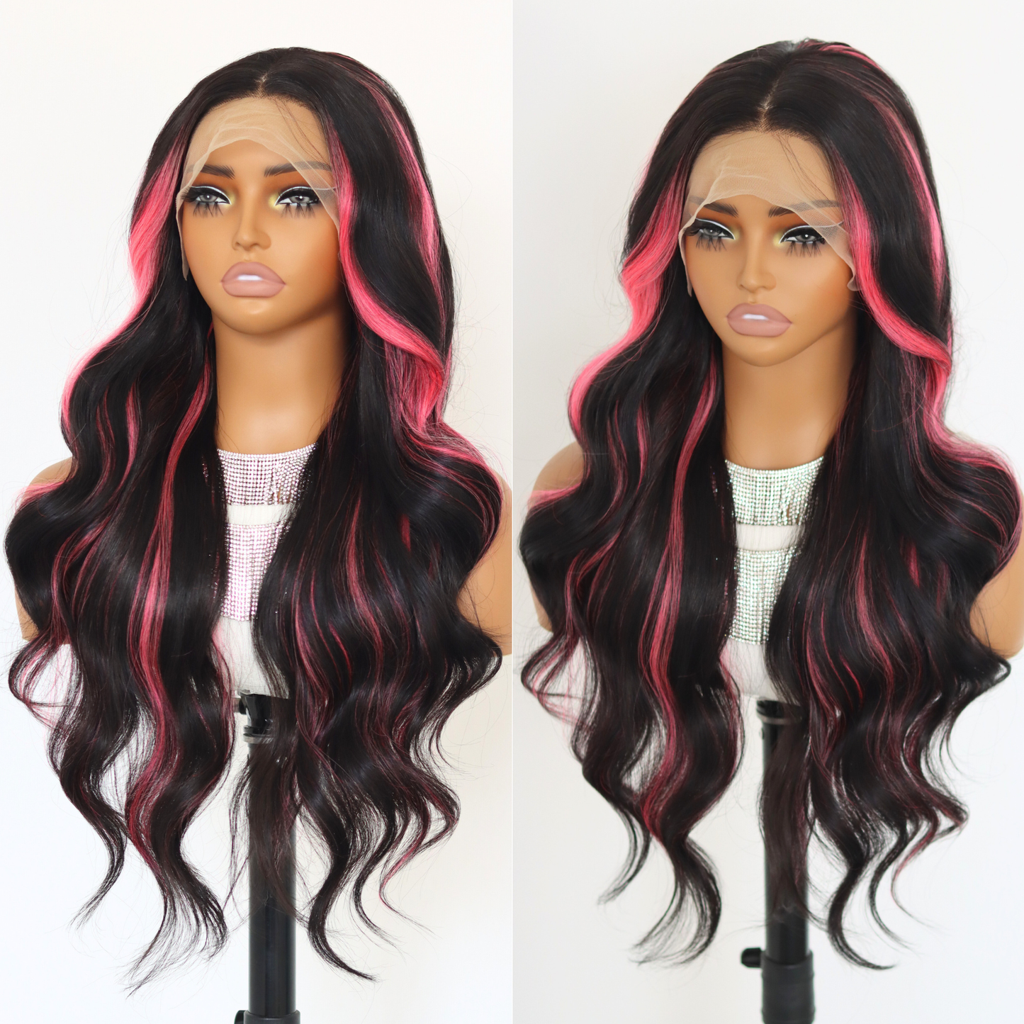 Pink Highlights Lace Front Wig Pink Skunk Stripe Synthetic Wavy Wigs 13×4 Lace Front Wig Pink and Black Colored Wigs 150% Density 24 Inch For Black Women