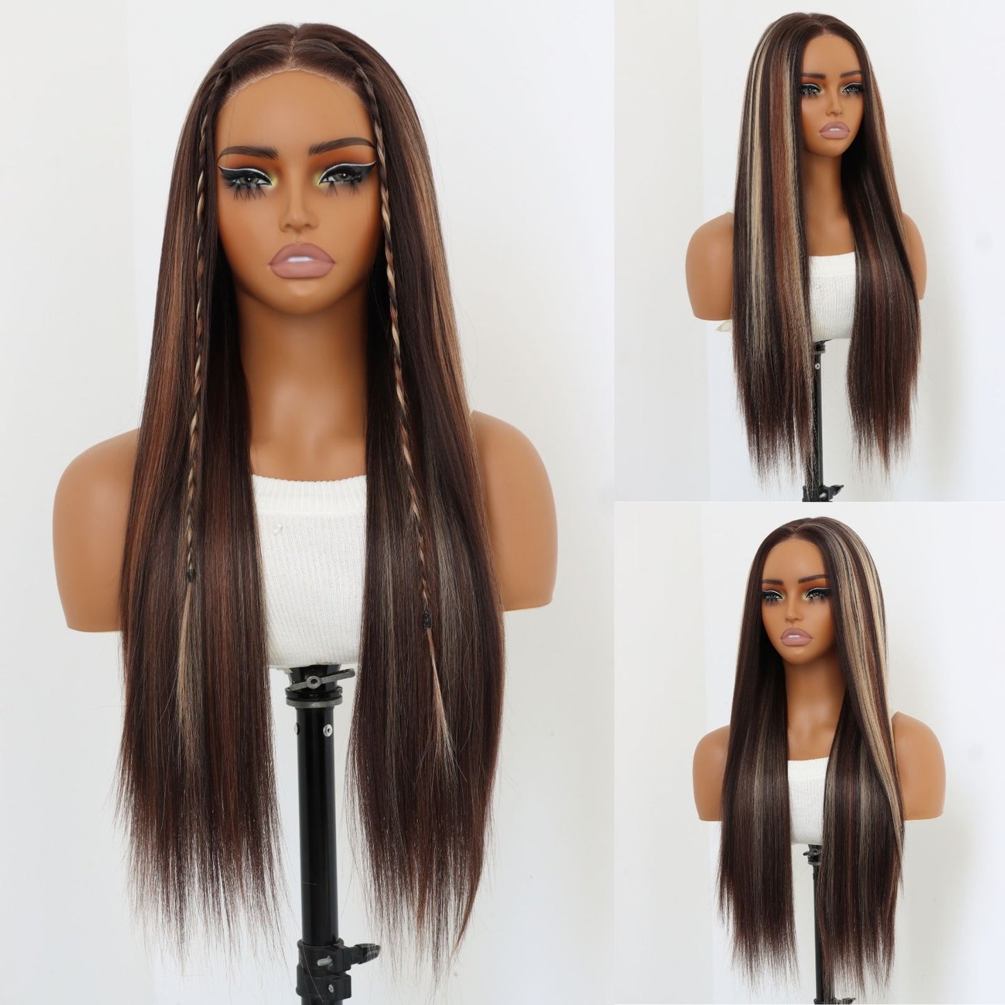 Reddish Brown Mix Blonde Highlight Natural Straight 24 inches 7X5 Pre Cuted Free Part Lace Front Women's Wig Heat Friendly