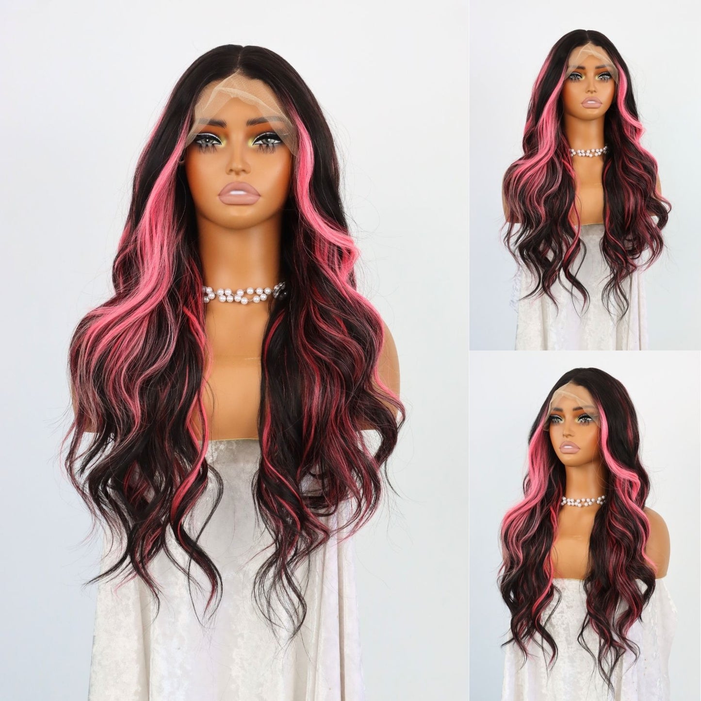 Pink Highlight Black Lace Front Wig Long Loose Wavy Synthetic Wig Heat-Resistant Pre-Plucked Hairline 13x4 HD Transparent Free Part 24" for Party Daily Use