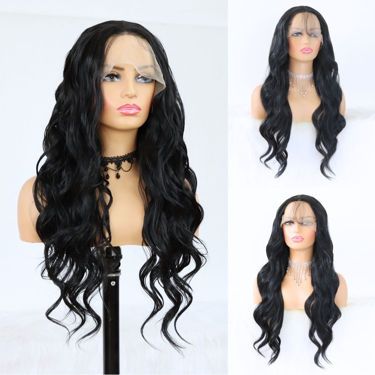 Black Body Wave Lace Front Wig 13x4 Free Part HD Transparent Synthetic Wig Heat Resistant & Pre-Plucked Natural Hairline for Daily Festival Use 24 Inch