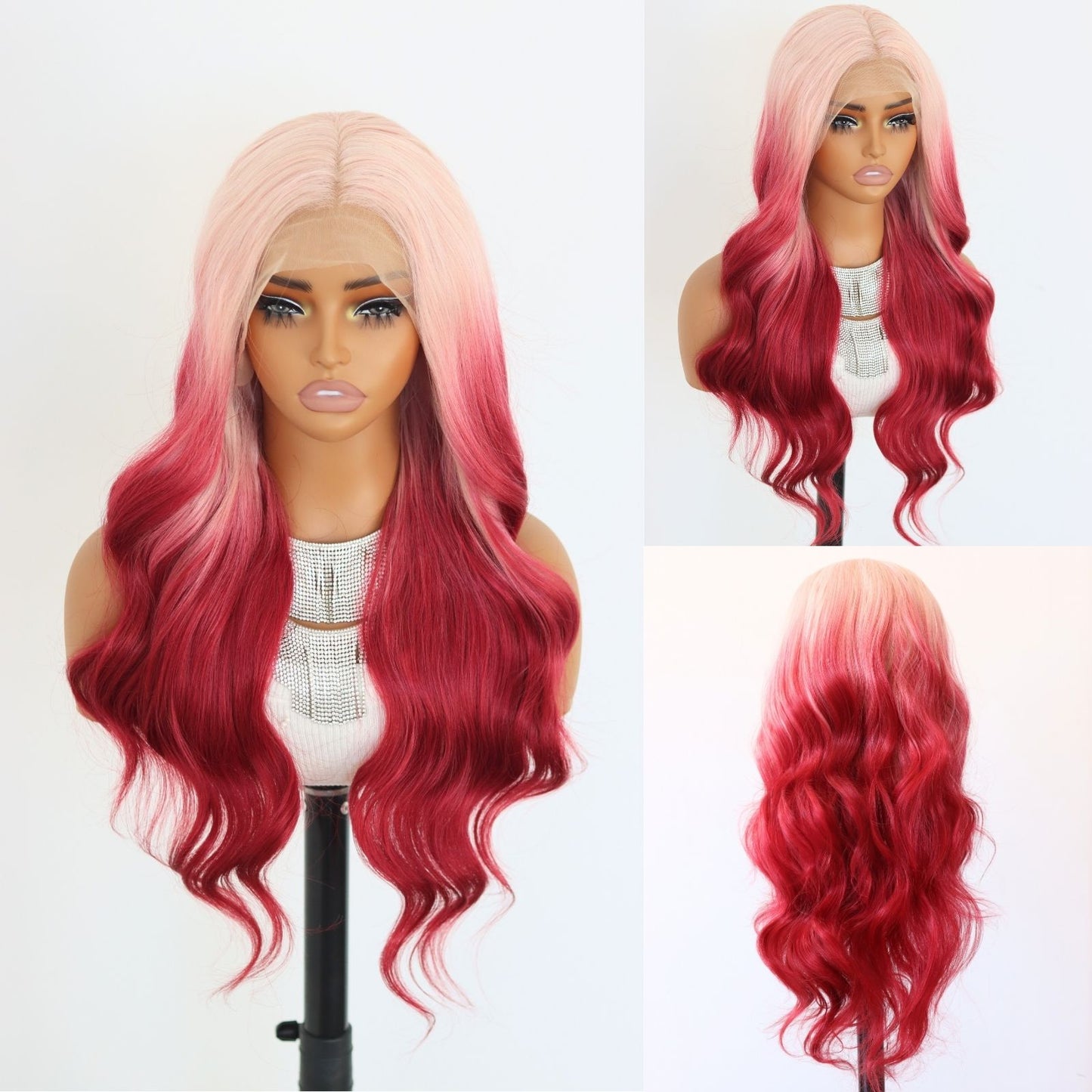 24 Inch Pink to Burgundy Ombre Wavy Synthetic Lace Front Wig Heat Resistant Fiber 13x4 Free Part Pre-Plucked Hairline Natural Look