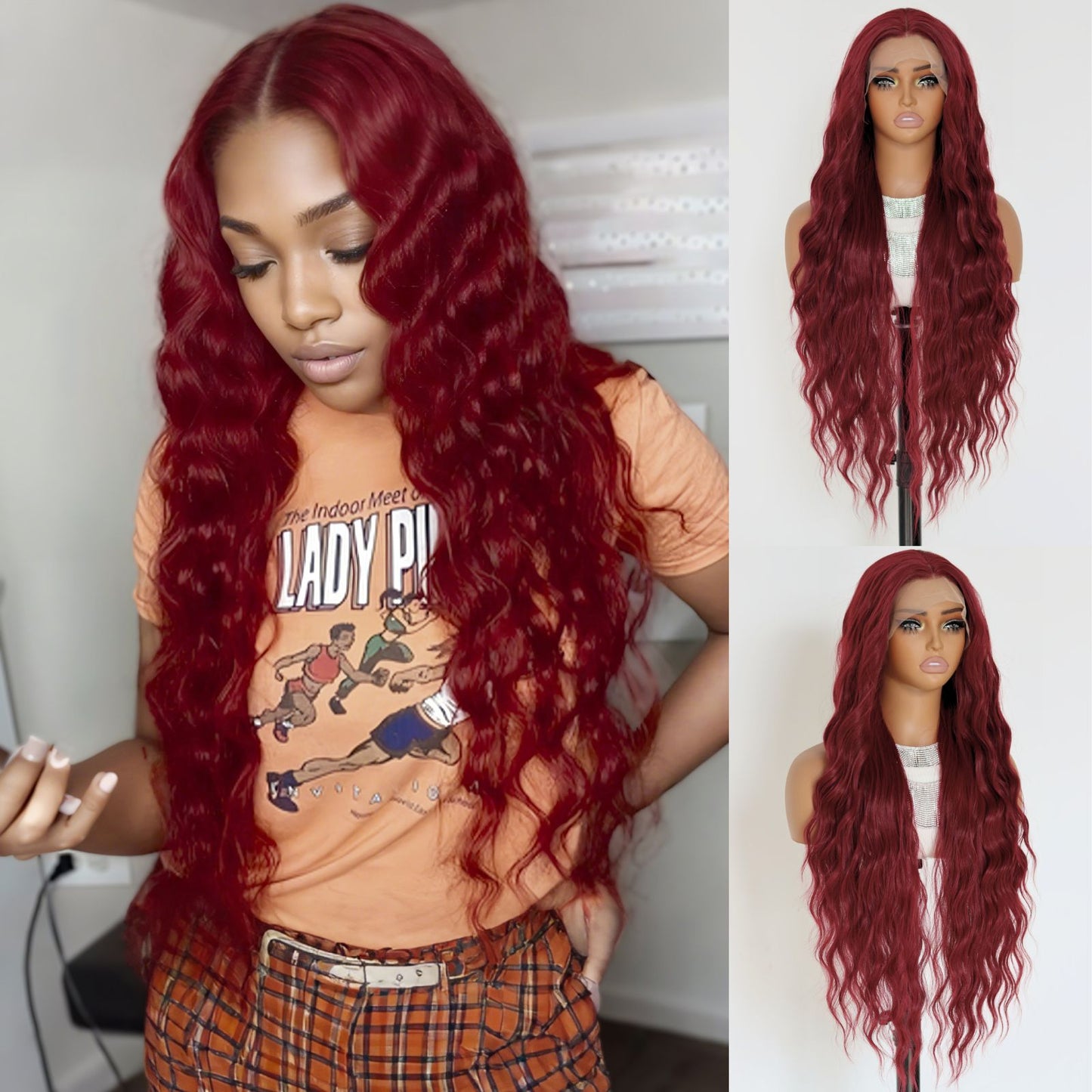 Burgundy Water Wave Synthetic Lace Front Wig 13x4 for Party Halloween Use 32 Inch