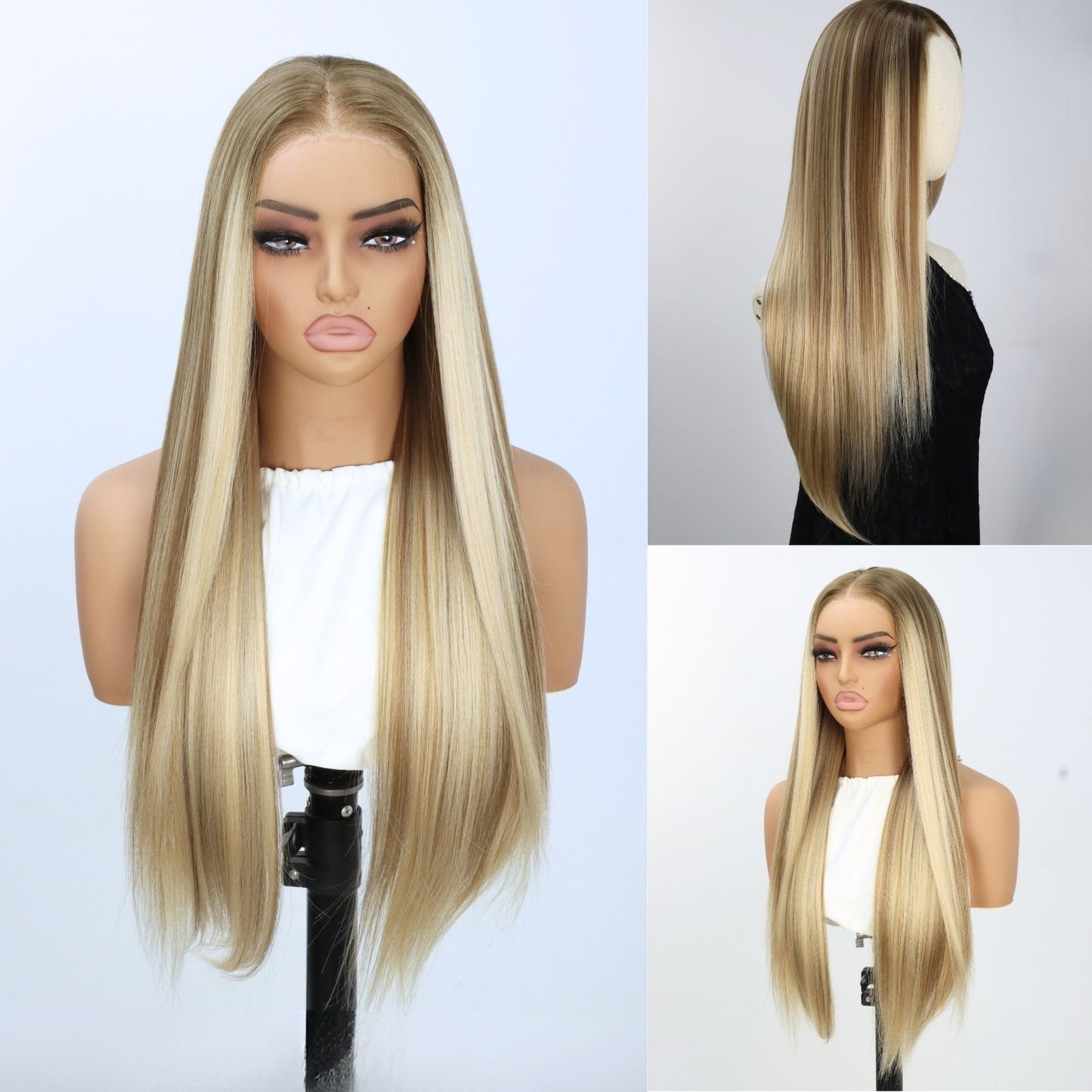 7x5 Lace Front Ombre Synthetic Wig Ash Blonde with Platinum Highlights Long Silky Straight Wig Heat-Resistant Pre Cut HD Transparent Free Part 24" for Party Daily Use