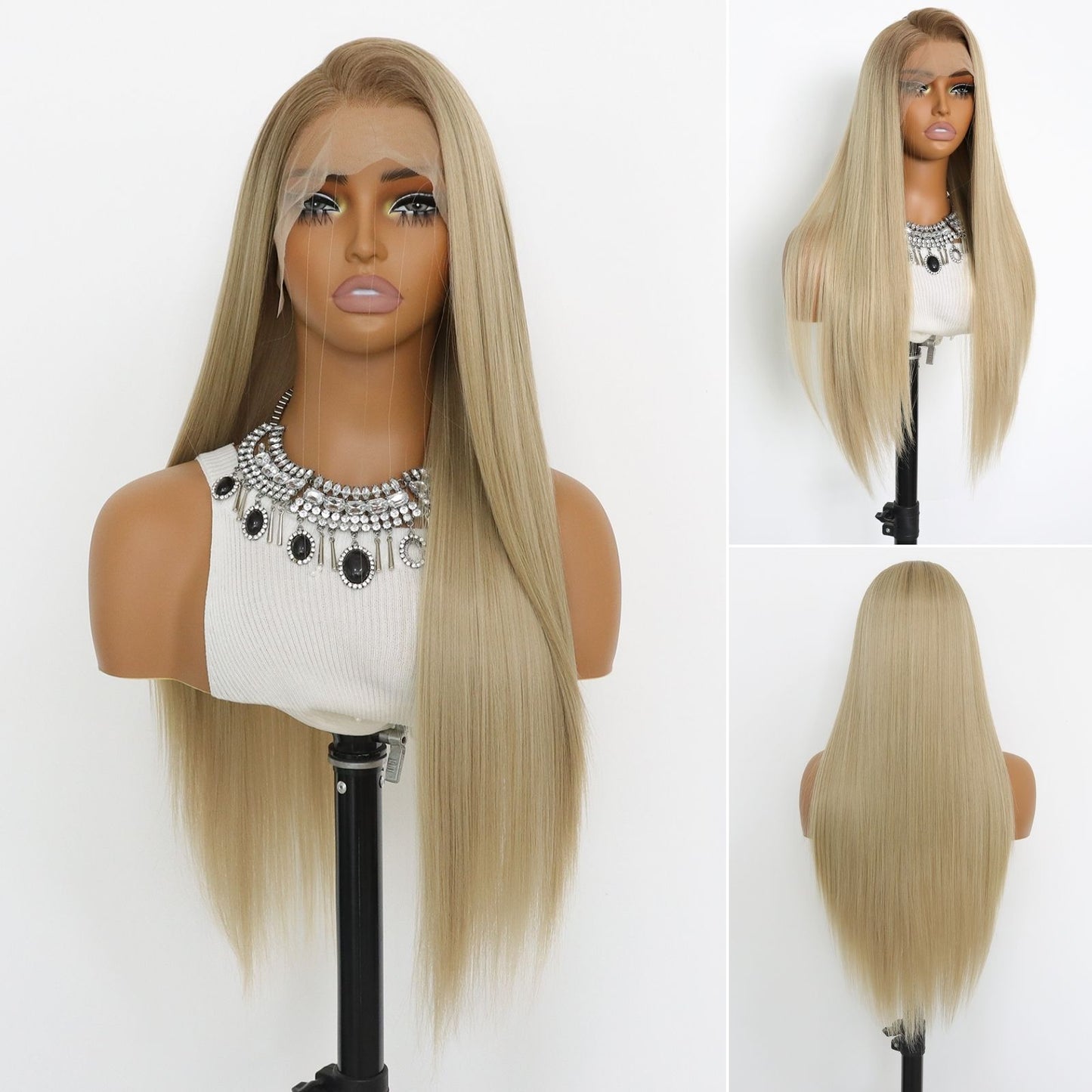 Ombre Blonde Long Straight Synthetic Lace Front Wig 13x4 for Party Daily Use 28 Inch