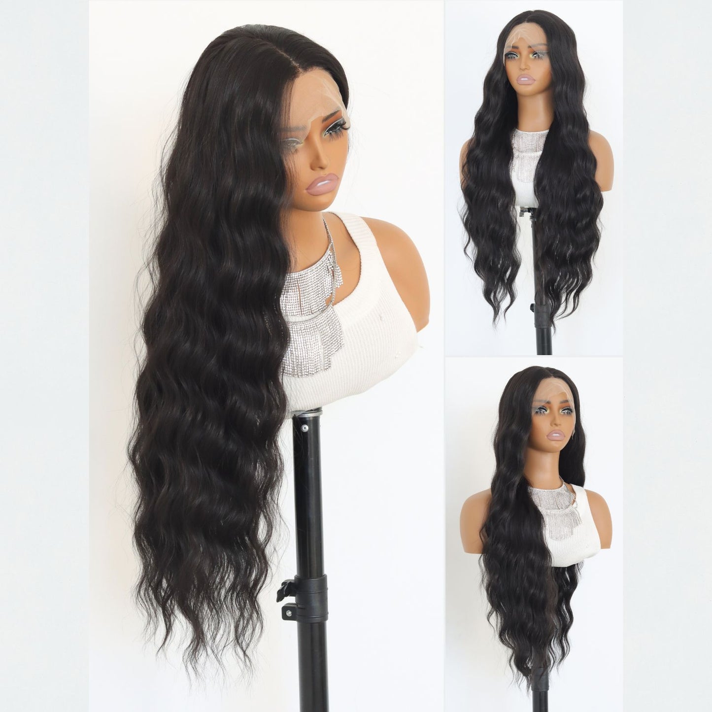 Natural Black Long Water Wave Synthetic Lace Front Wig13x4 for Party Daily Use 32 Inch