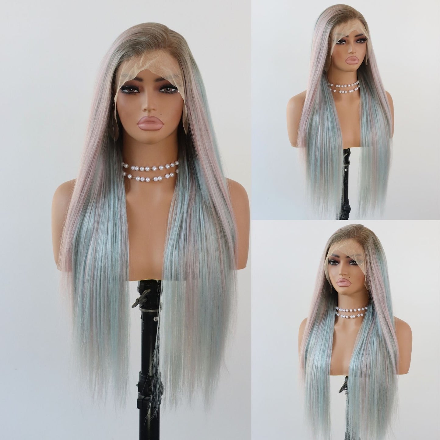 Pink Mint Green Mixed Color Straight Synthetic Lace Front Wig Ombre Brown Roots 13x4 Party Daily Use 28 Inches