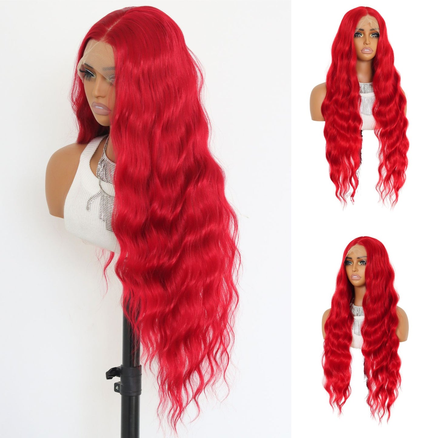 Red Body Wave Ponytail Synthetic Lace Front Wig 13x4 for Cosplay Halloween Use 32 Inch