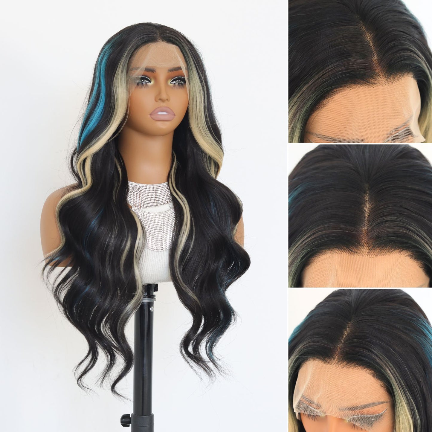 Highlight Blonde & Blue Black Body Wave Ombre Synthetic Lace Front Wig 13X4 Party  Daily Use 24 Inches