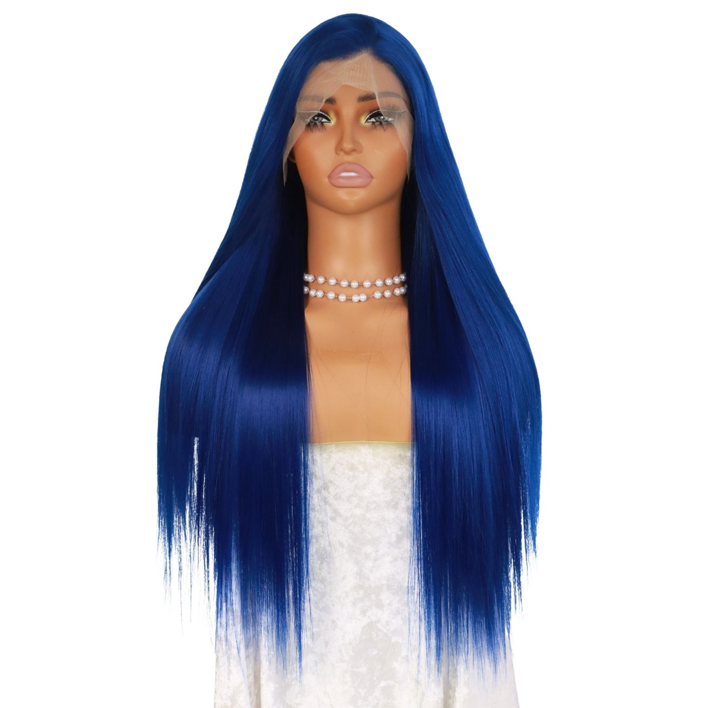 Blue Long Straight Lace Front Synthetic Wig 13x4 HD Transparent Lace, Free Part, Pre-Plucked Natural Hairline, Heat-Resistant Fiber for Women 24"