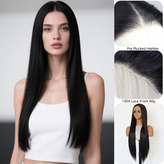 Long Straight Natural Black Lace Front Synthetic Wig13x4 for Party Christmas Daily Use 32 Inch