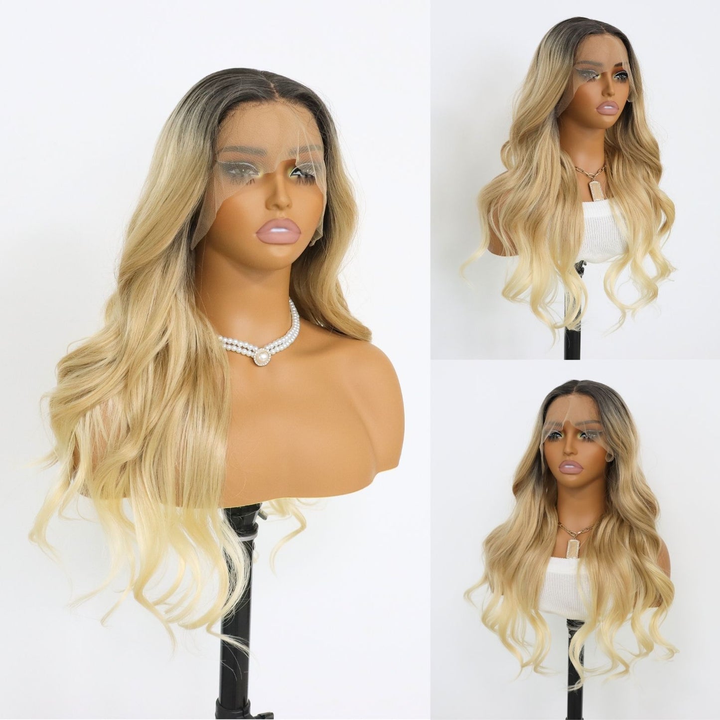 Two-Tone Ombre Lace Front Wig Long Wavy Dark Roots to Blonde Gradient Heat-Resistant Synthetic Hair with Natural Hairline 13x4 Free Part for Daily Use 24"