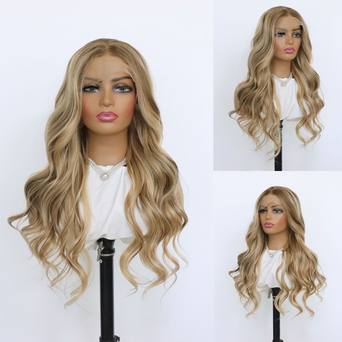 Blonde Body Wavy Synthetic Wig with Natural Highlights 24 inches 13x4 Pre Plucked Free Part Lace Front Women's Wig Heat Friendly