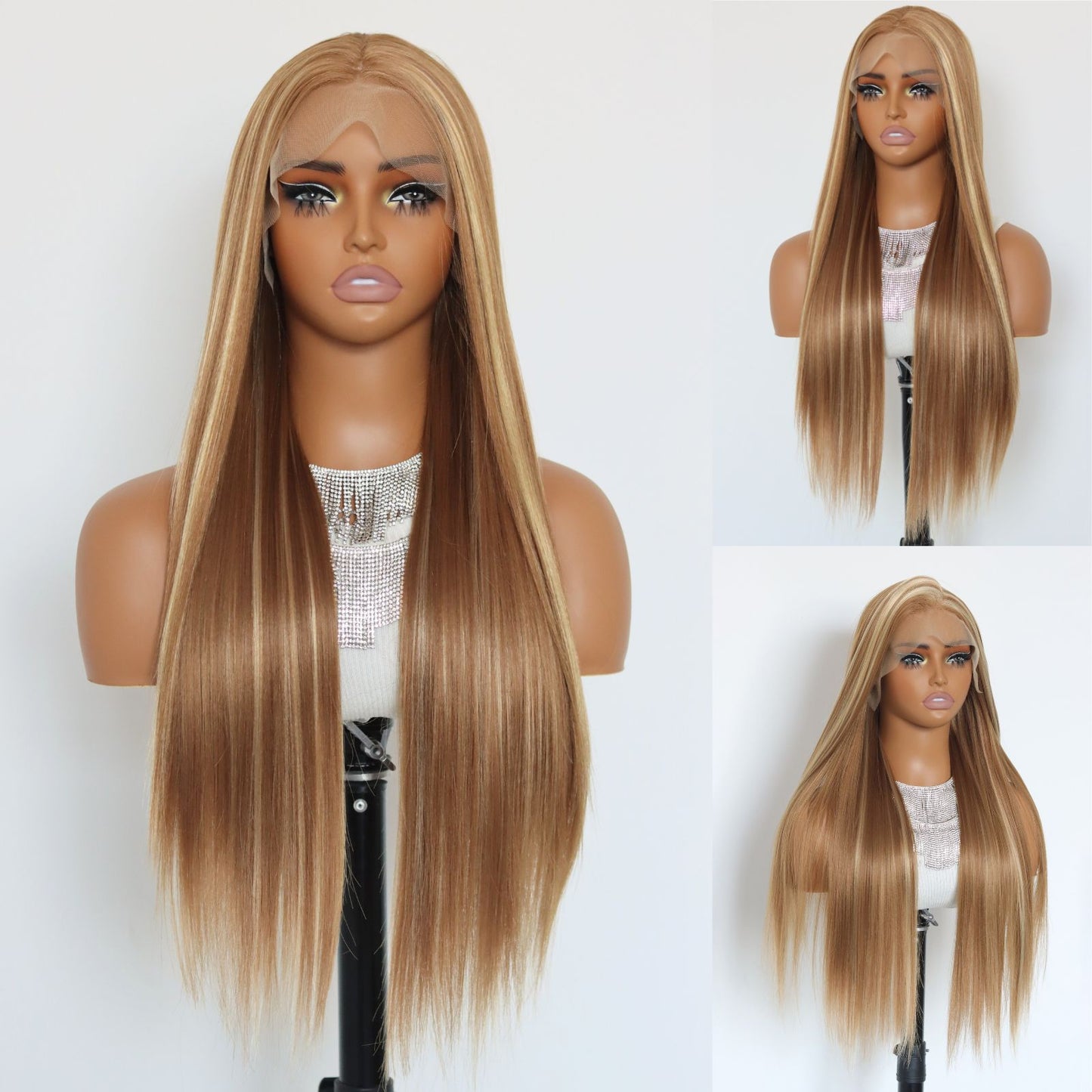 Highlight Blonde Brown Straight Synthetic Lace Front Wig 13X4 Party Daily Use 28 Inches