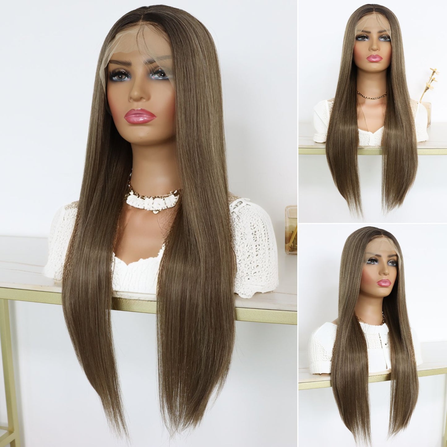 Ombre Brown Straight Synthetic Lace Front Wig13x4 for Party Daily Use 26 Inch