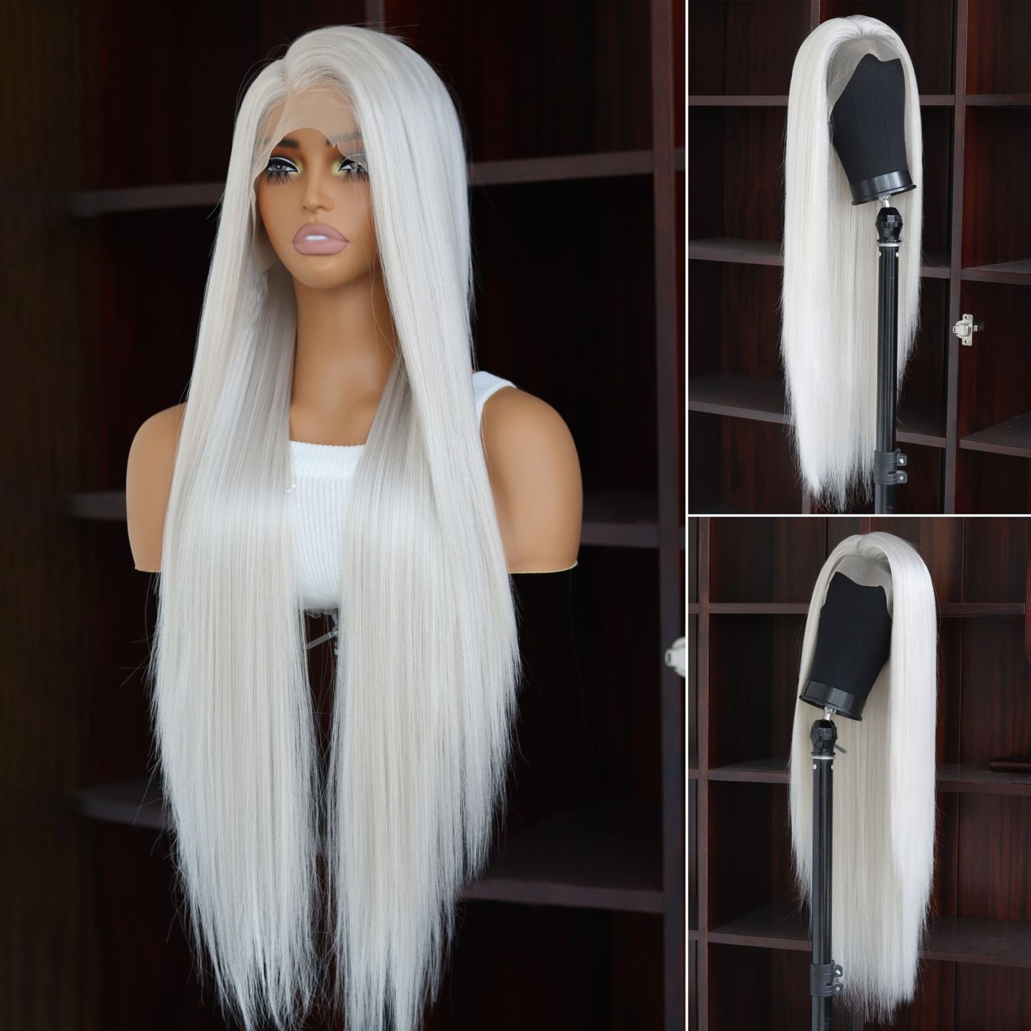 Gray White Straight Synthetic Lace Front Wig 13x4 for Party Daily Use 32 Inches