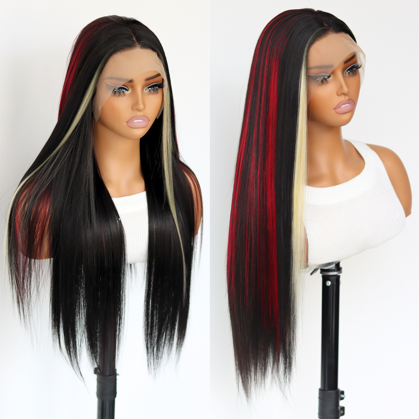 Skunk Stripes Red And Blonde Highlights Wig Black With Red Skunk Stripe Synthetic Heat-resistant Fiber Wig 13x4 Lace Front Wigs for Women Pre Plucked with Baby Hair 24 Inches