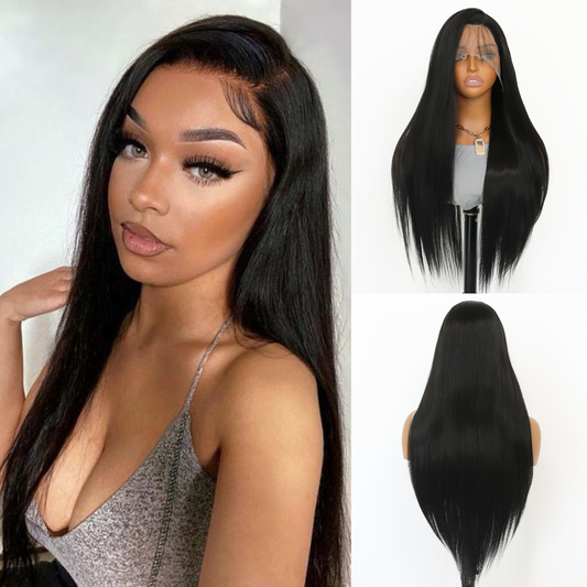 Black Long Straight Synthetic Wig Lace Front Wigs Natural Hairline Heat-resistant Fiber Wig For Daily Party Use (24Inch)