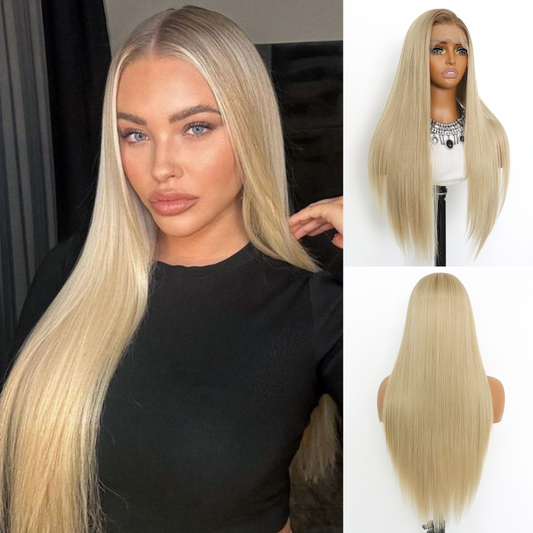 Ombre Blonde 13×4 Lace Front Wigs Ombre Light Blonde Straight Synthetic Wig Glueless Pre Plucked Natural Hairline For White Women Black Women(24Inch)