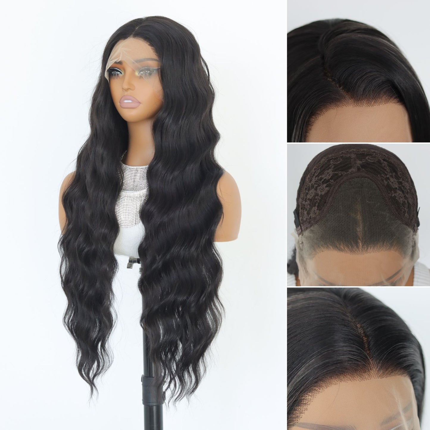 Natural Black Long Water Wave Synthetic Lace Front Wig13x4 for Party Daily Use 32 Inch