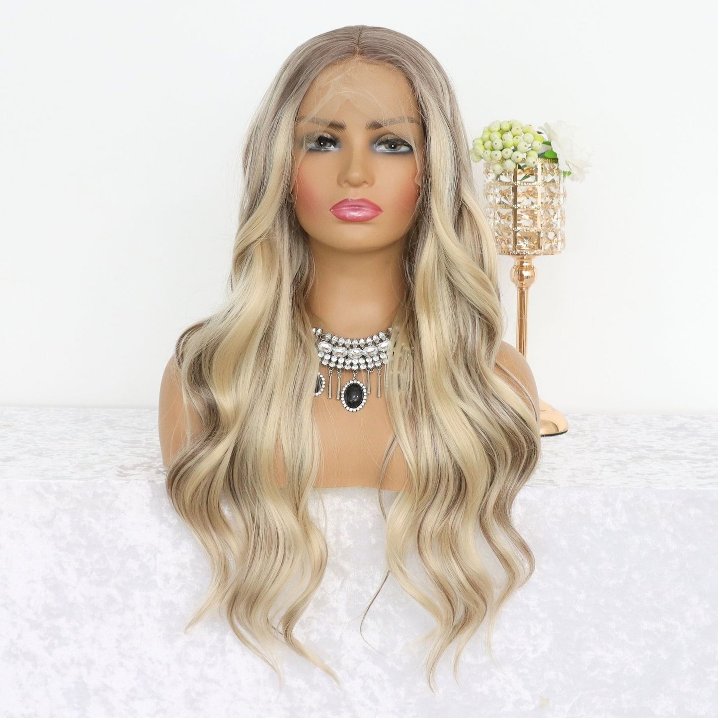 Ash Blonde Ombre Highlight Wavy Synthetic Lace Front Wig, Heat Resistant Fiber, 13x4 Free Part, Pre-Plucked Hairline Natural Look 24-Inch