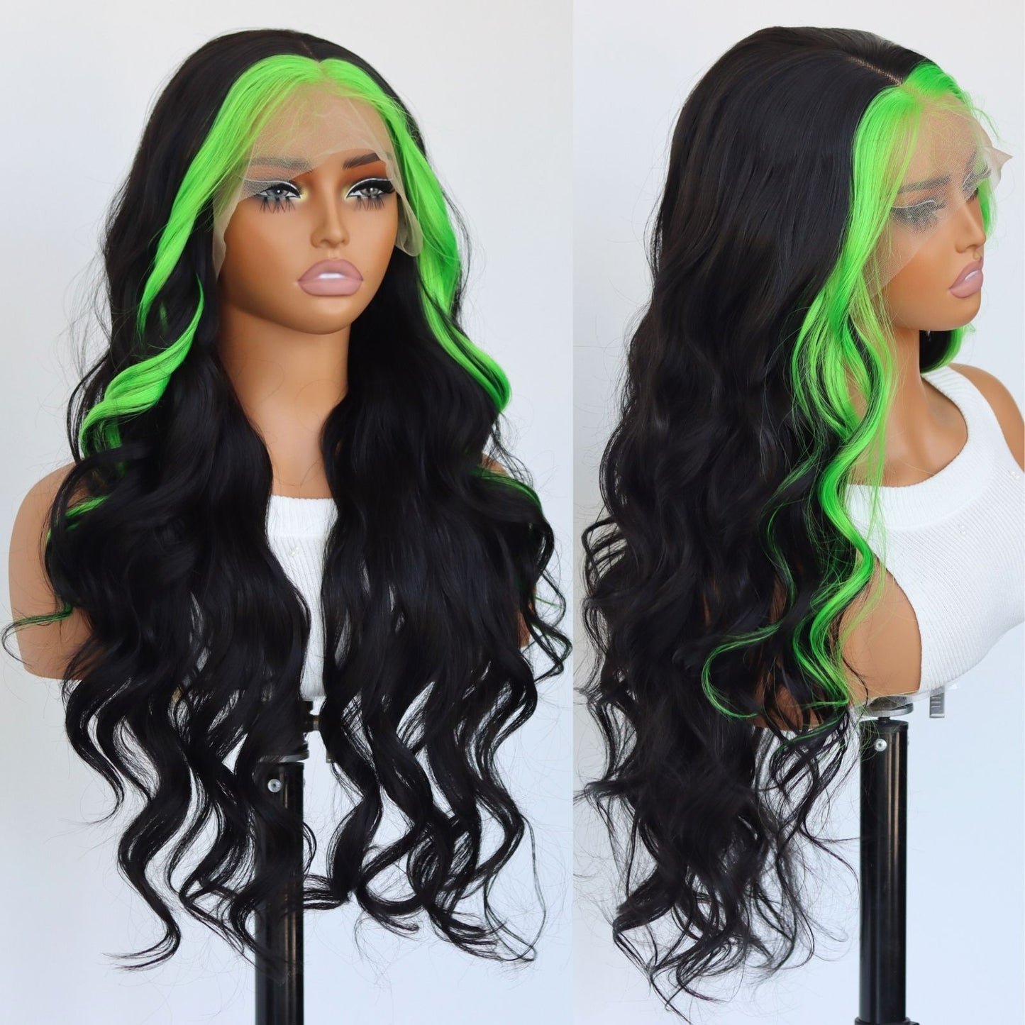 Highlight Green Black Body Wave  Synthetic Lace Front Wig 13X4 Party  Daily Use 24 Inches