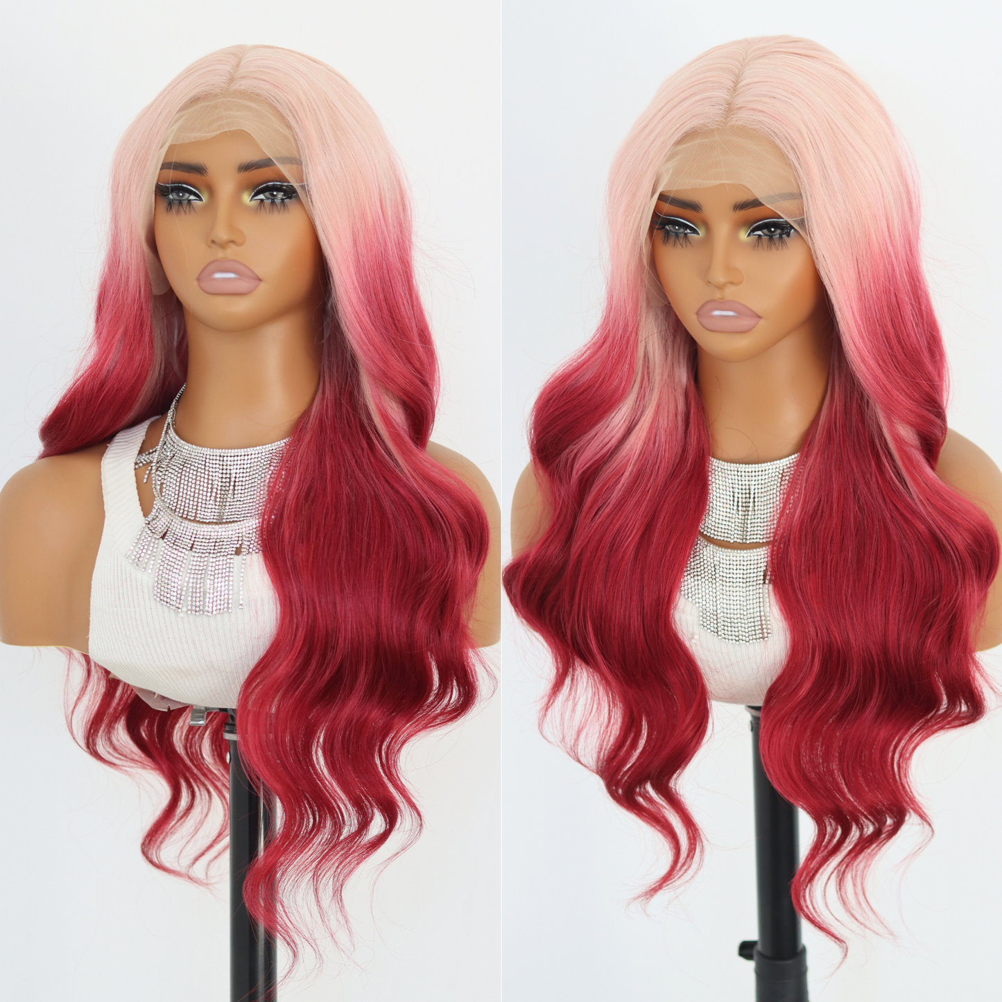 Ombre Pink Lace Front Wigs Long Body Wave Synthetic Wig Ombre Pink Wavy Synthetic Wigs with Light Blonde Roots For Women's Daily Party Wear(24Inch)