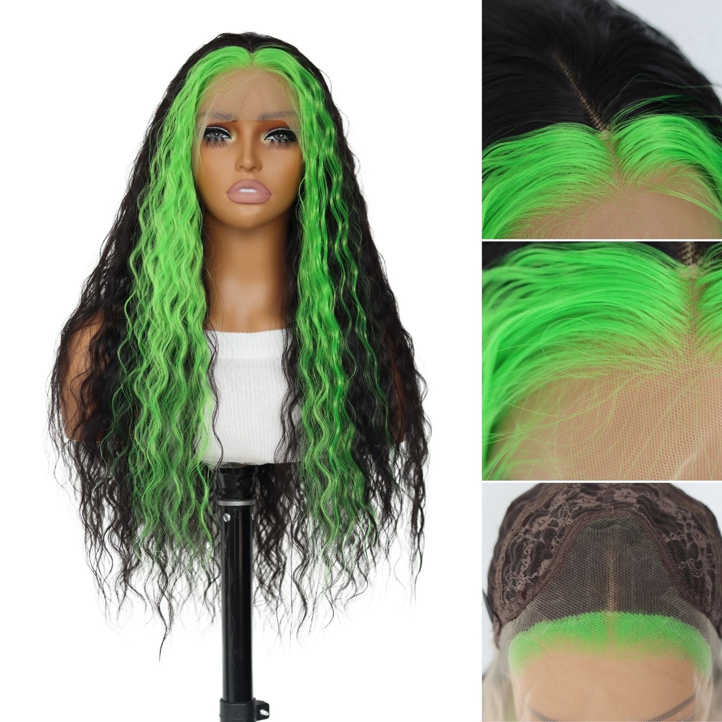Highlight Green Black Loose Curly Synthetic Lace Front Wig13x4 for Halloween Cosplay Use 32 Inch