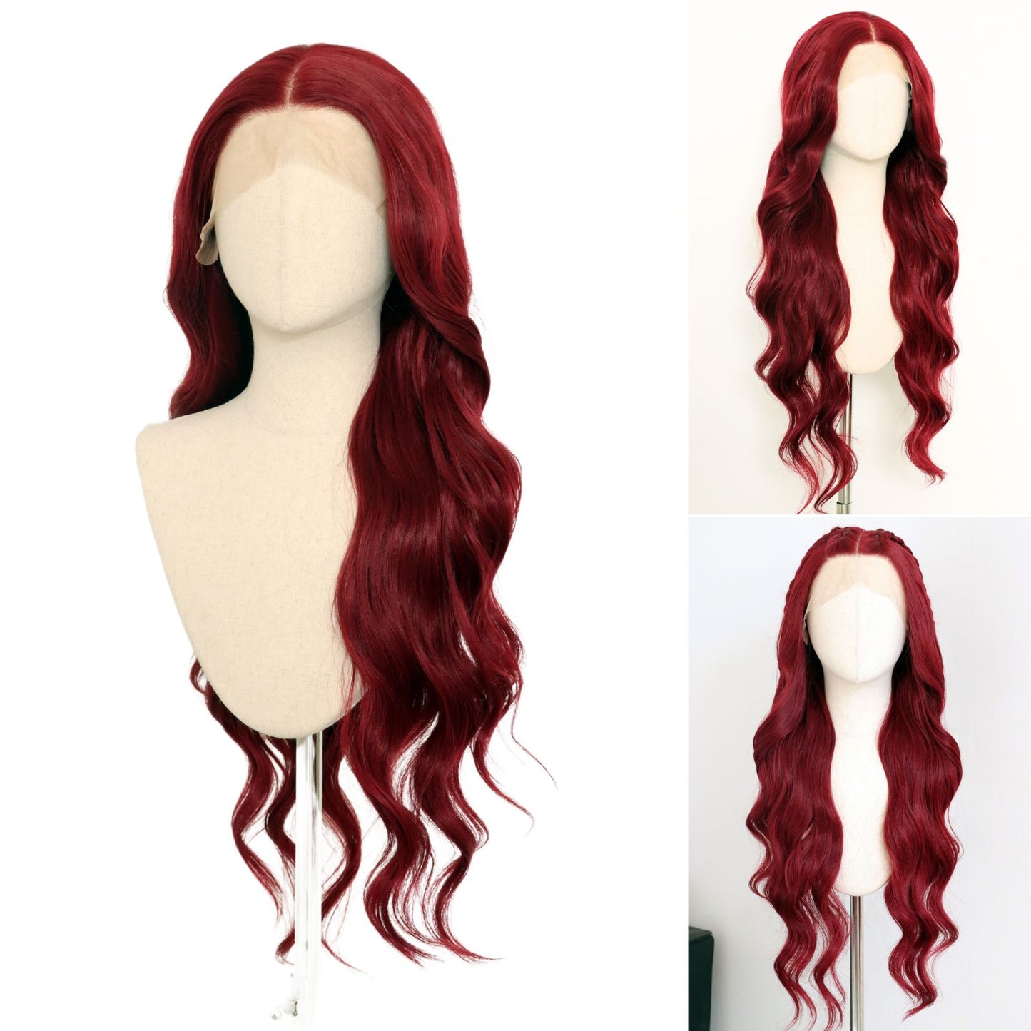 Burgundy Body Wave Synthetic Lace Front Wig 13x4 Cosplay Daily Use 32 Inch