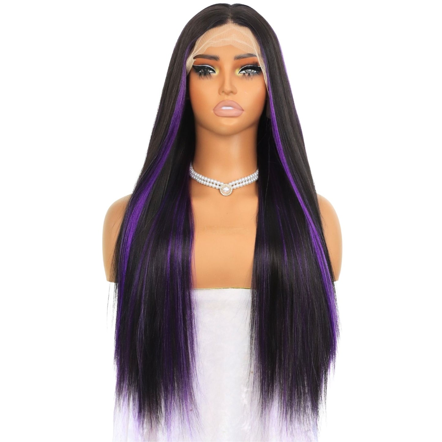 Ombre Purple Highlight Black Straight Lace Front Wig 13x4 Free Part HD Transparent Heat-Resistant Pre-Plucked Hairline 24" for Party Daily Use