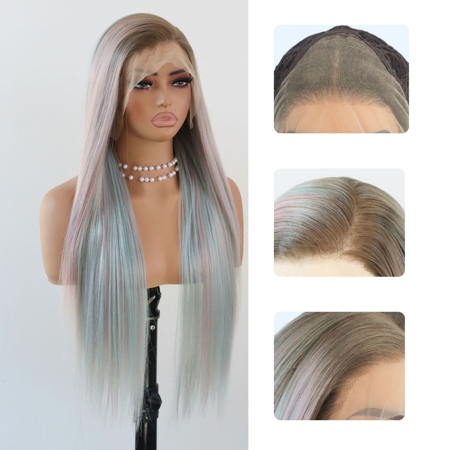 Pink Mint Green Mixed Color Straight Synthetic Lace Front Wig Ombre Brown Roots 13x4 Party Daily Use 28 Inches