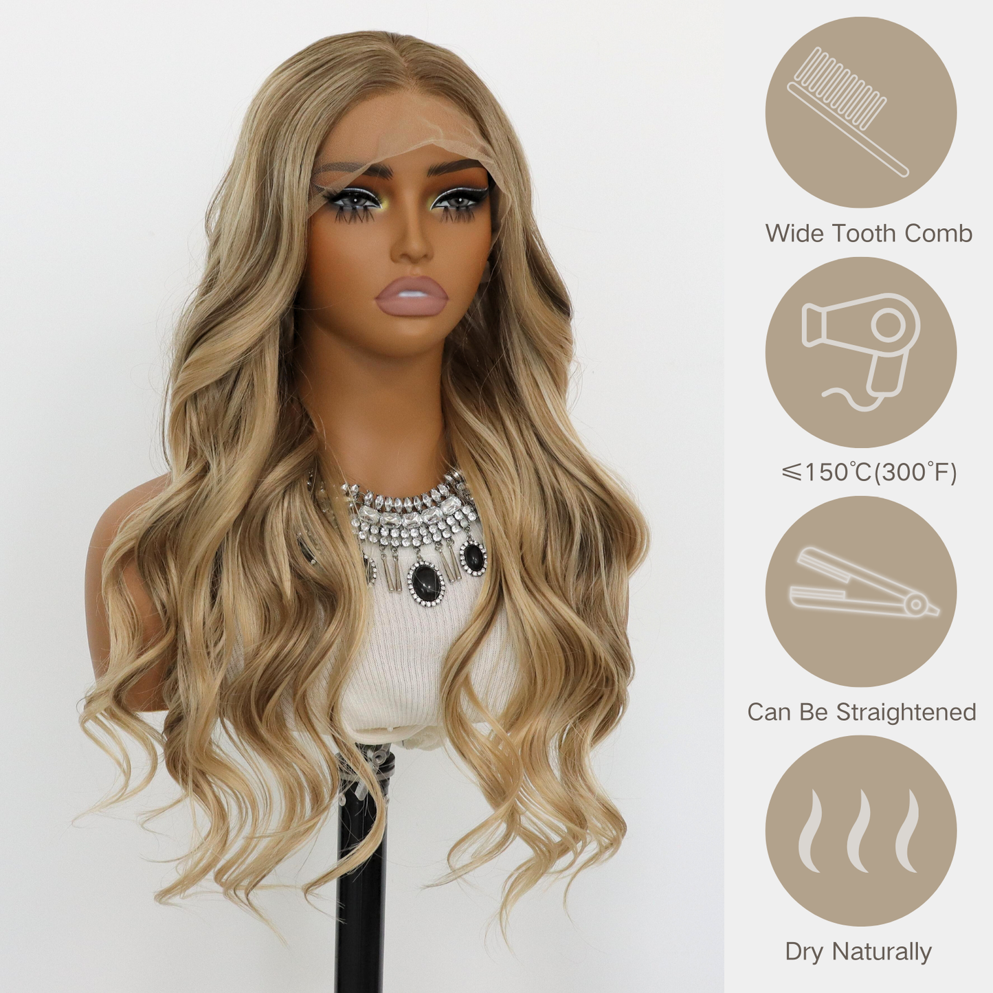 Ombre Blonde Wavy Wig 13×4 Lace Front Wigs Skunk Stripes Wave Blonde Synthetic Wig Heat-resistant Fibre Wig For Daily party Use（24Inch）