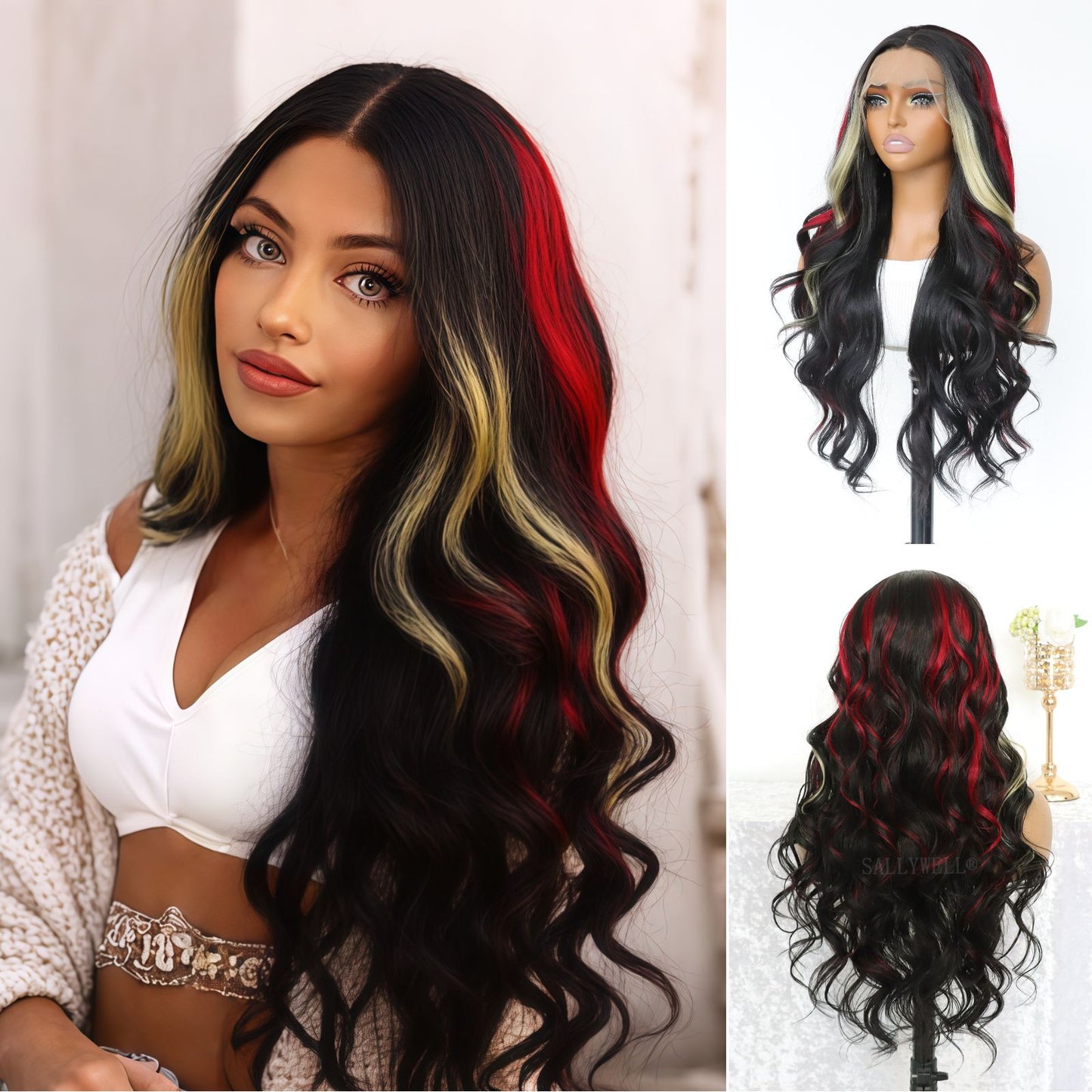 Highlight Blonde Red Black Skunk Stripe Body Wave Ombre Synthetic Lace Front Wig 13X4 Party  Daily Use 24 Inches