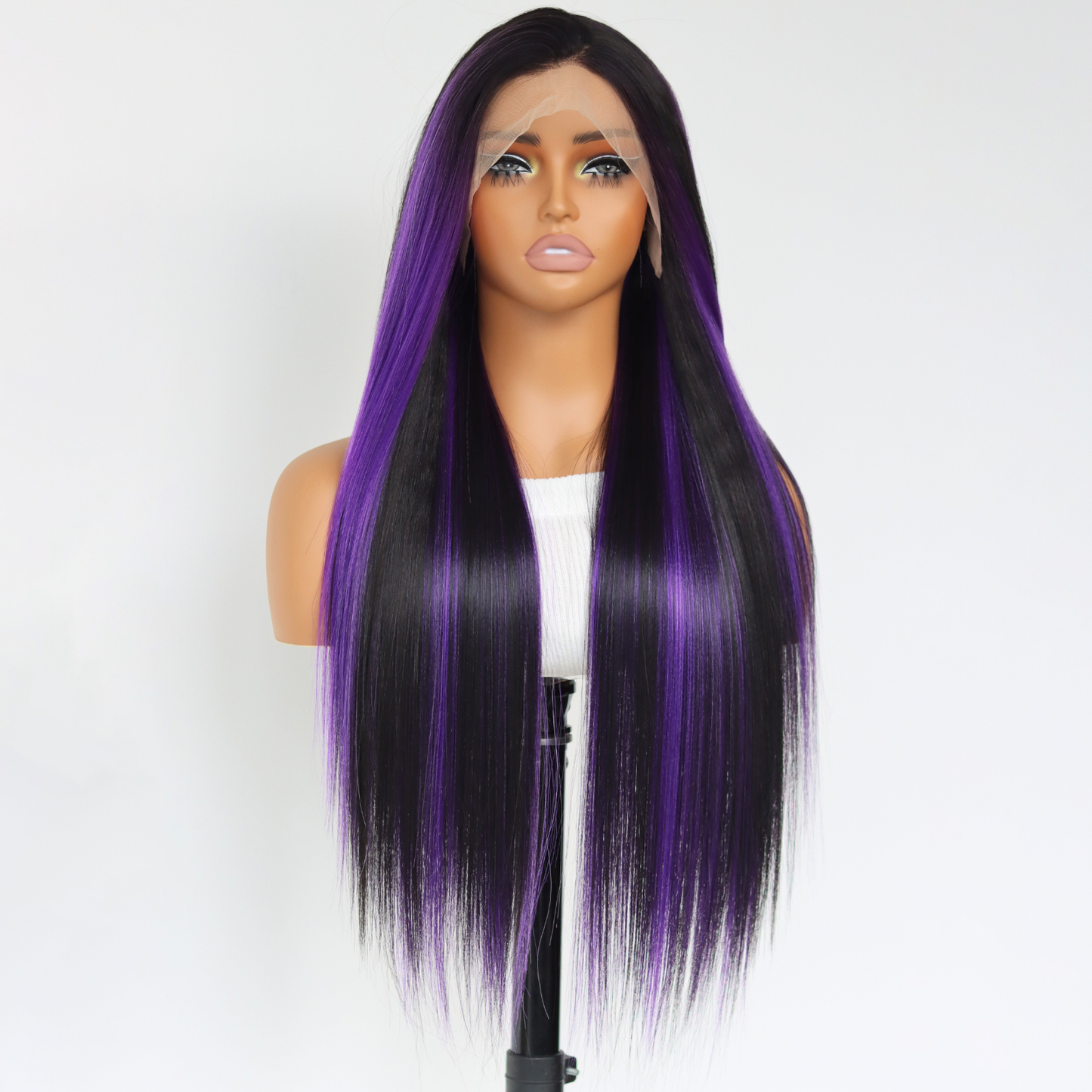 Purple Highlights Synthetic Wig Purple Skunk Stripes 13×4 Lace Front Wigs Pre Plucked Glueless Heat-resistant Fiber Suitable For Black Women Daily Party Wear(24Inch)
