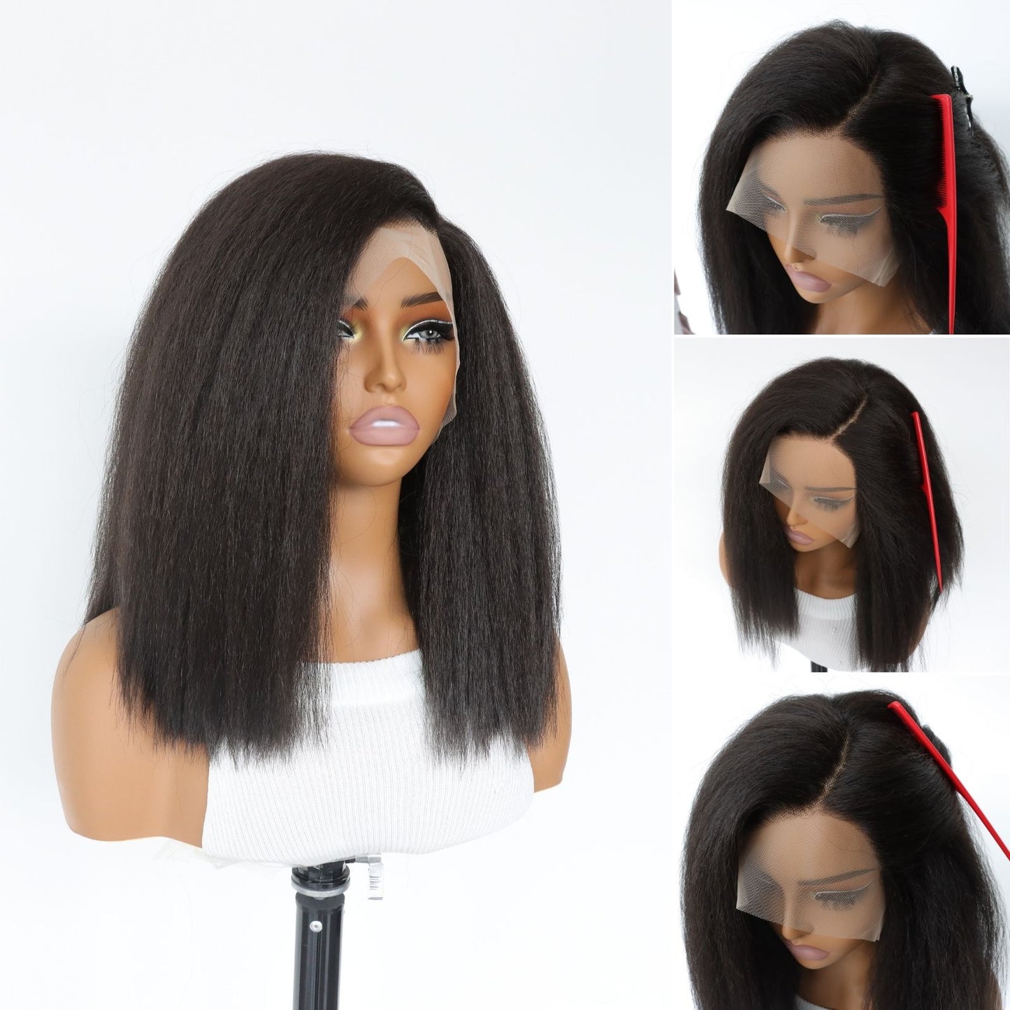 Natural Black Short Yaki Straight Synthetic Wig 13x5X1 for Party Christmas Daily Use 14 Inch