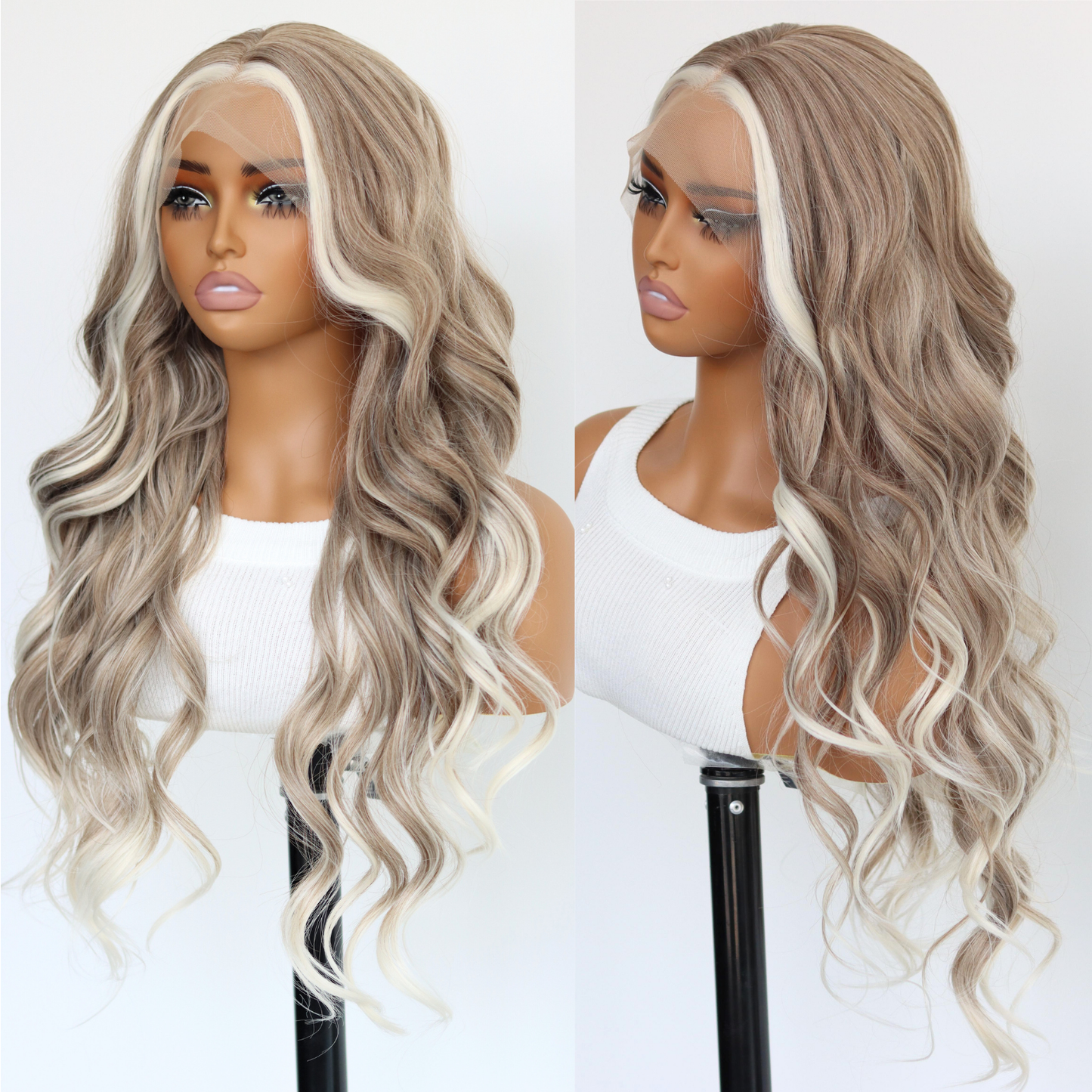 Ombre Blonde Wavy Synthetic Wig 13×4 Lace Front White Skunk Stripes Wave Wig Heat-resistant Synthetic Wig For Black Women Daily Party Wear(24Inch)