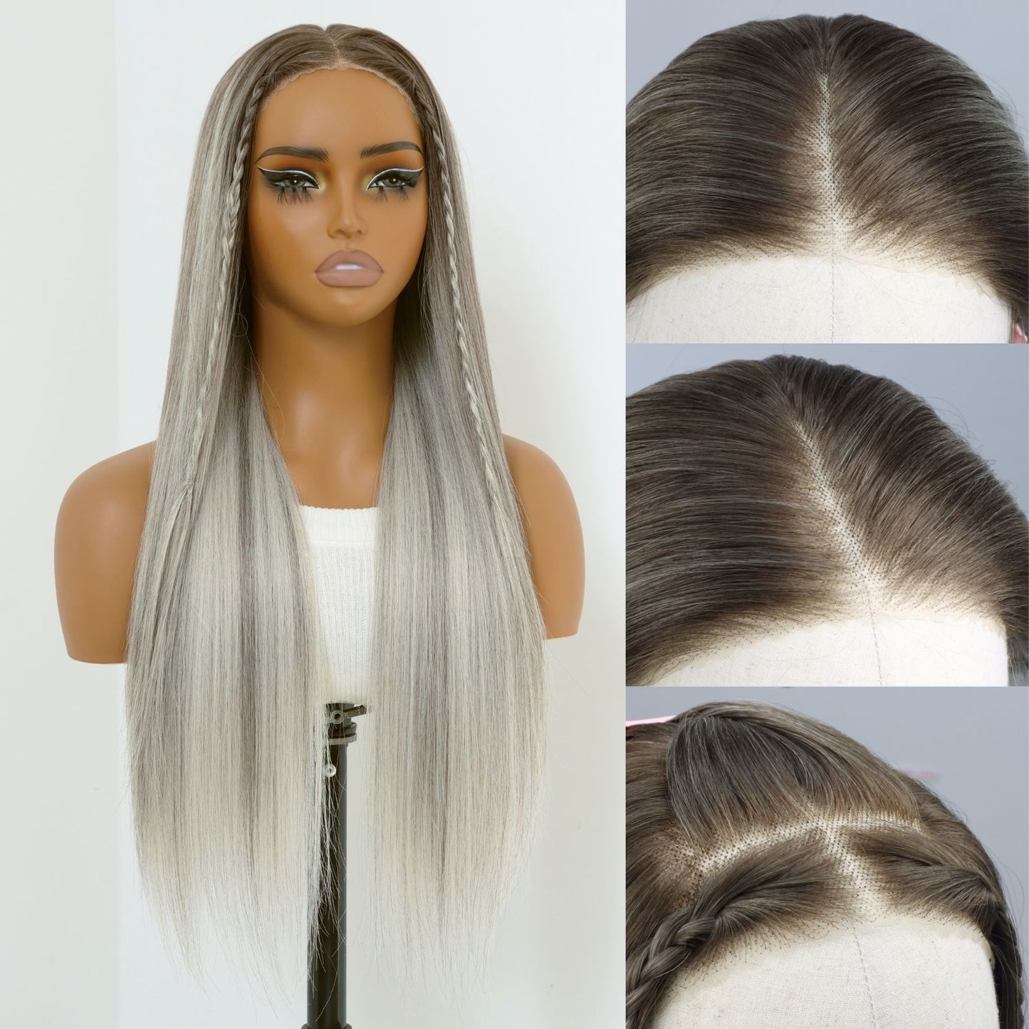Ombre Ash Gray Straight Synthetic Lace Front Wig Pre Cuted 7x5 Daily Use 24 Inches