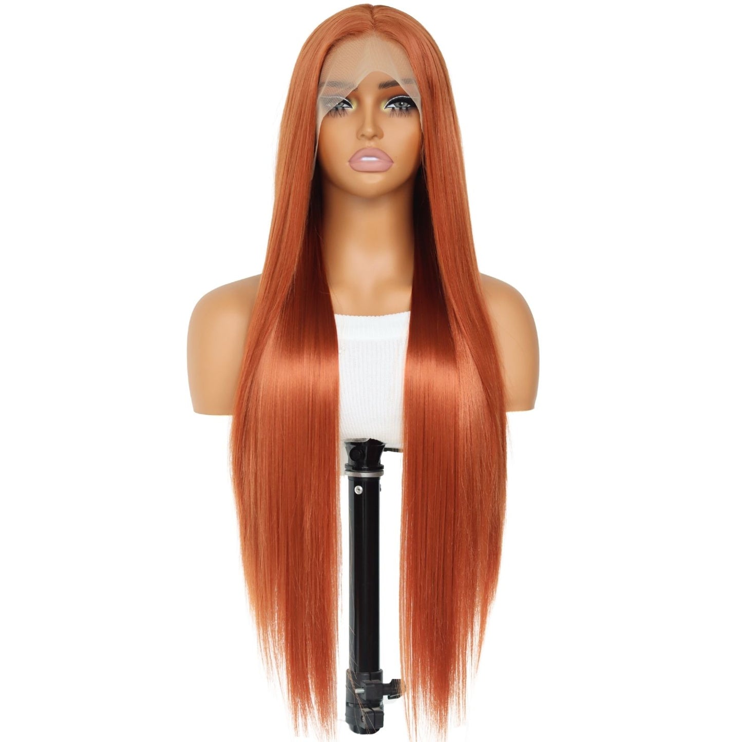 Copper Orange Straight Synthetic Lace Front Wig Ginger Orange Heat Resistant Pre Plucked Free Part 13x4 Party Daily Use 32 Inches