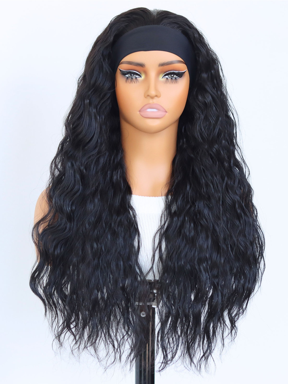 Black Deep Wave Headband Wig 22 Inch Curly Heat-Resistant Synthetic Hair Glueless Friendly for Beginner