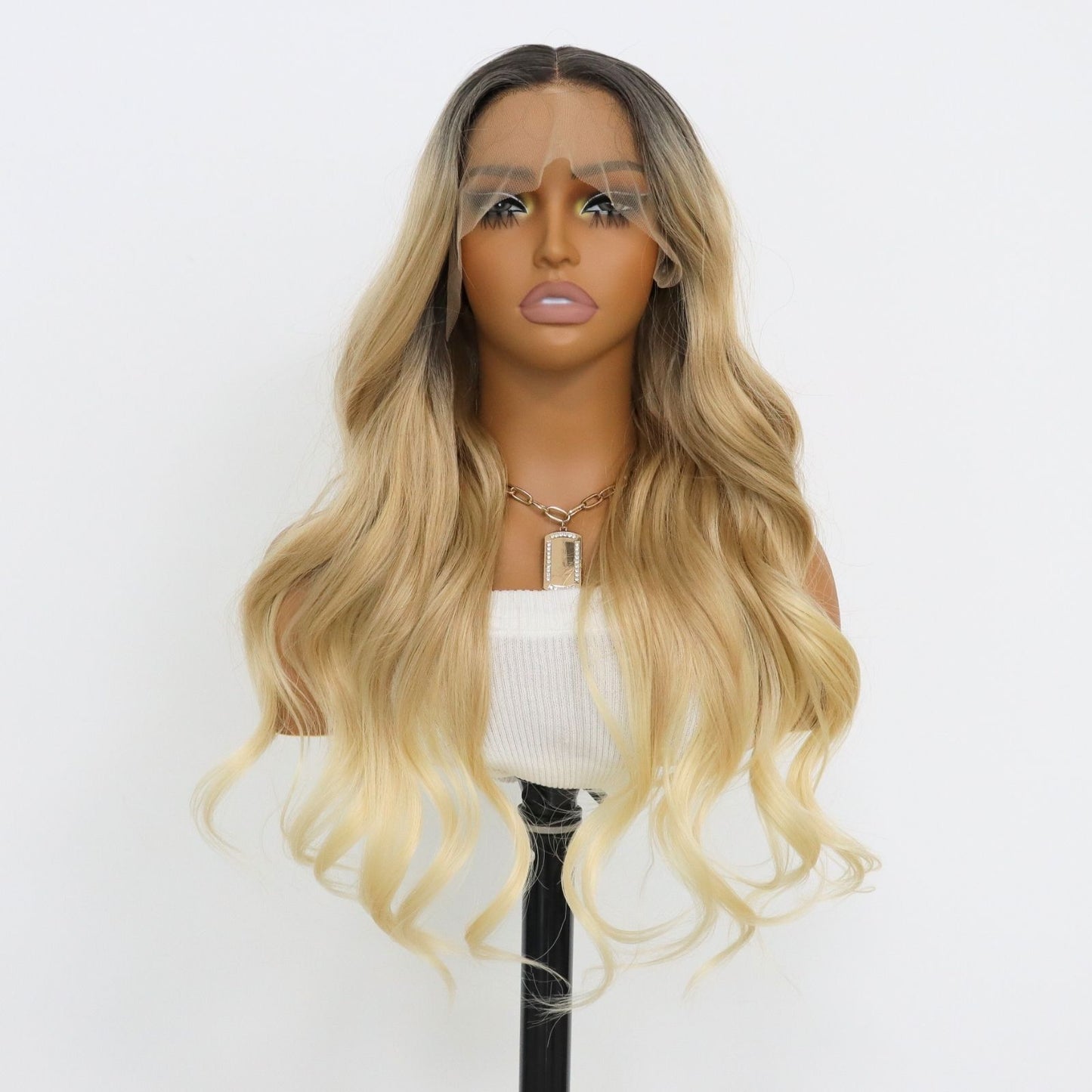 Two-Tone Ombre Lace Front Wig Long Wavy Dark Roots to Blonde Gradient Heat-Resistant Synthetic Hair with Natural Hairline 13x4 Free Part for Daily Use 24"