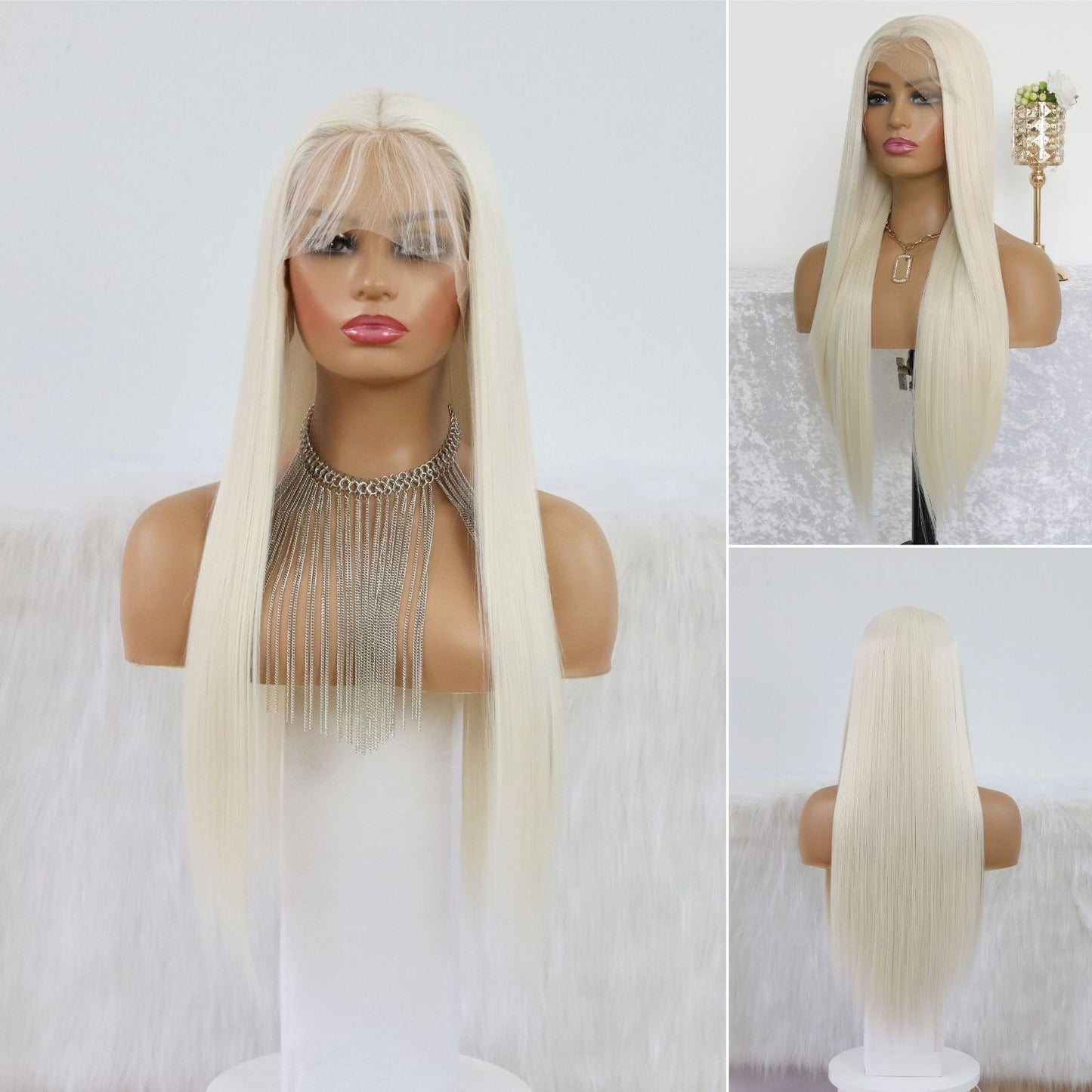 Cream White Straight Synthetic Lace Front Wig 13X4 Party Use 26 Inches